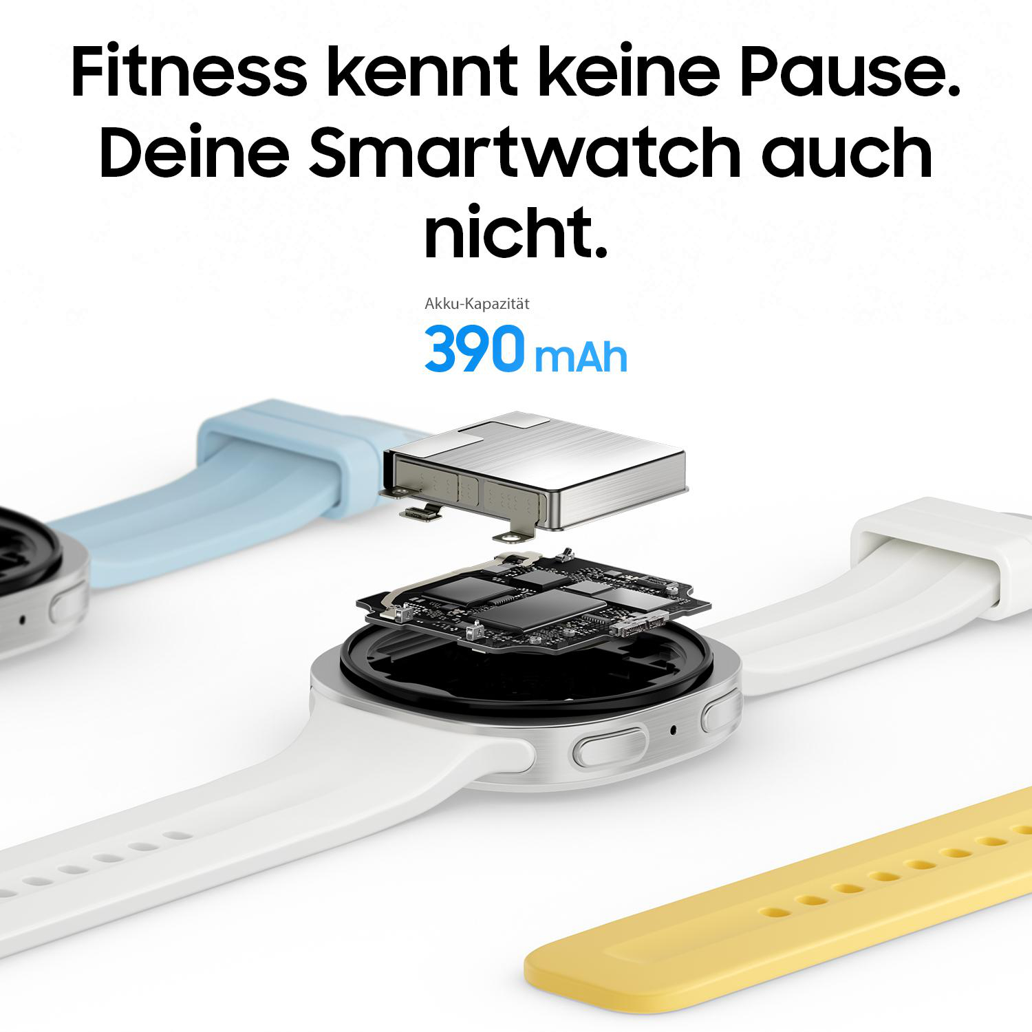Smartwatch mit offenem Gehäuse und Akku. Kapazität: 390 mAh.