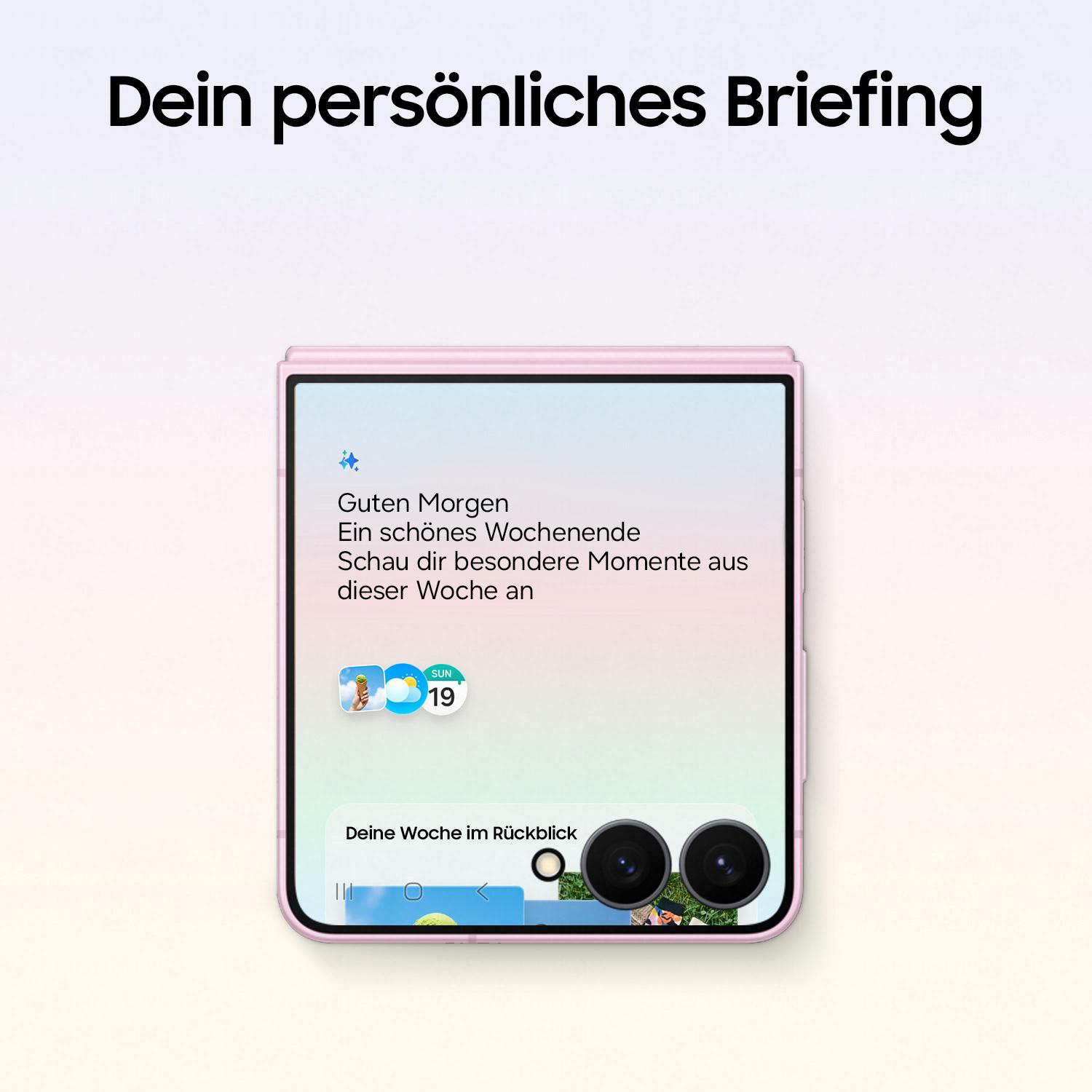 Ein pinkes Klapphandy zeigt eine personalisierte Morgenbegrüßung mit Wetter und Wochenrückblick.