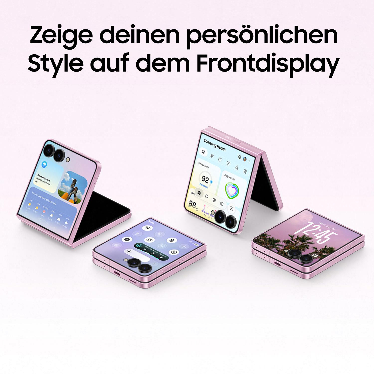 Vier rosa Klapphandys mit unterschiedlichen Displays: Wetter, Samsung Health, Musik und Uhrzeit.