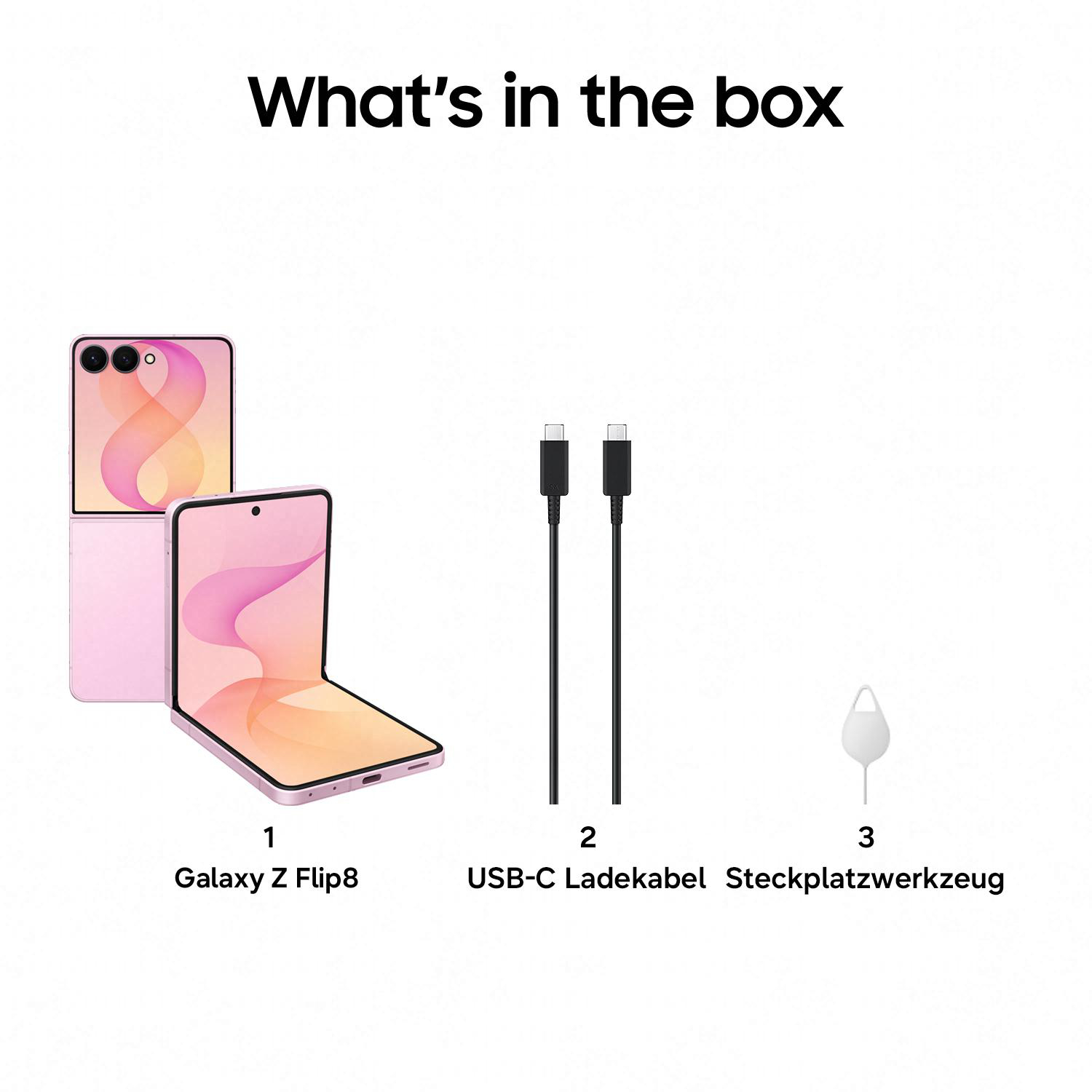 Samsung Galaxy Z Flip8, USB-C Ladekabel und Steckplatzwerkzeug.