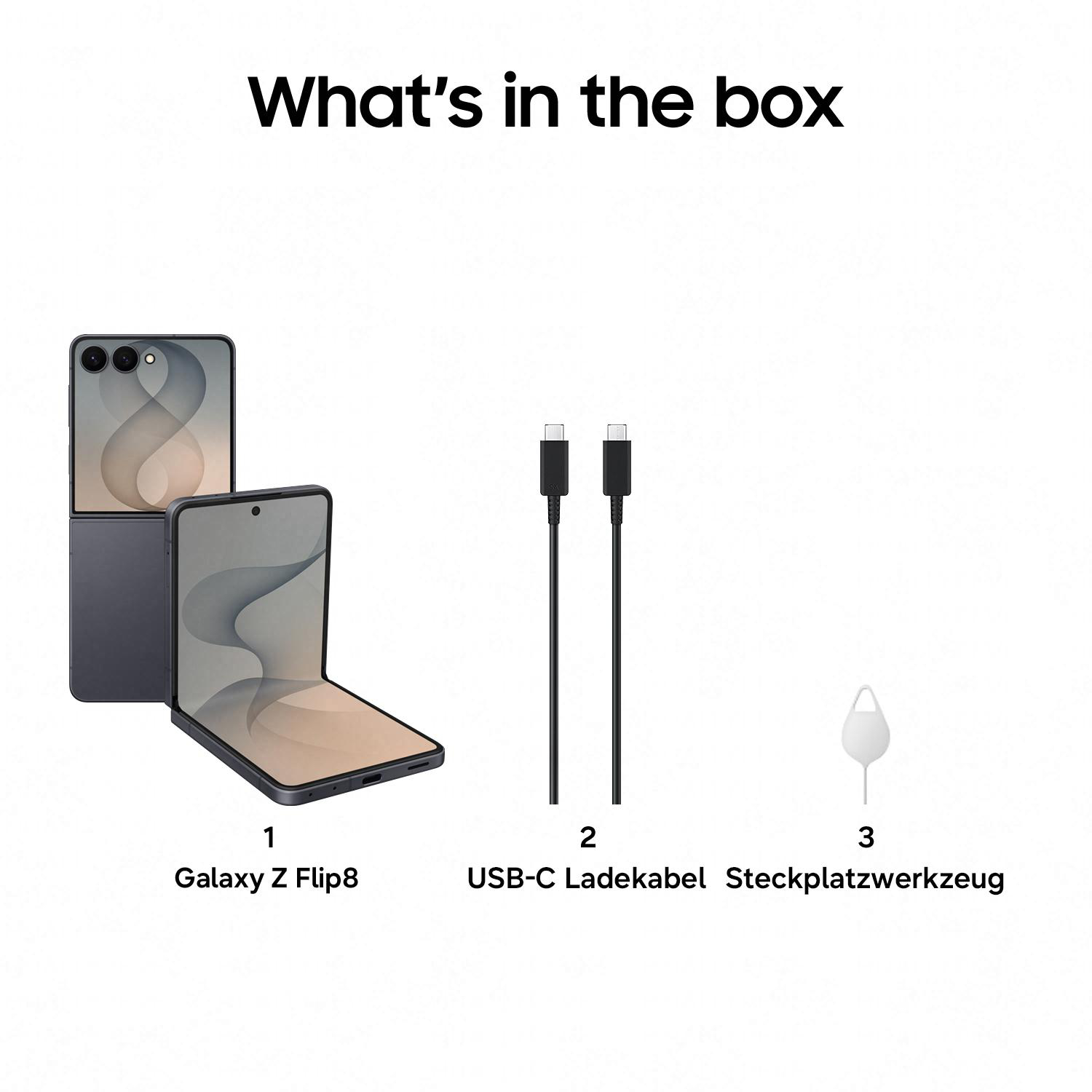 Ein gefaltetes und entfaltetes Galaxy Z Flip8, zwei USB-C-Kabel, ein SIM-Tool.
