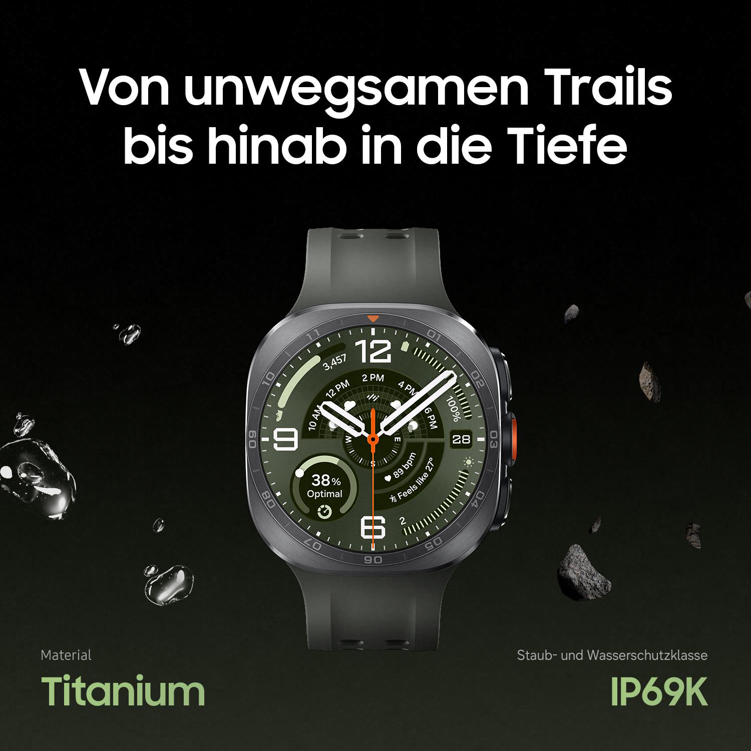 Graue Smartwatch mit Titangehäuse, IP69K-Schutz, zeigt 38% Optimal, 89 bpm, 27°.