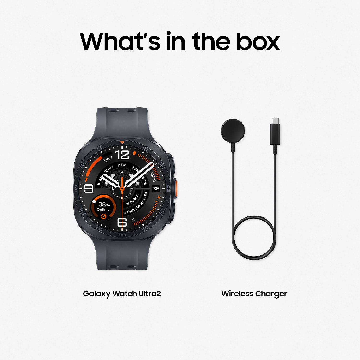 Galaxy Watch Ultra2 und kabelloses Ladegerät auf weißem Hintergrund.