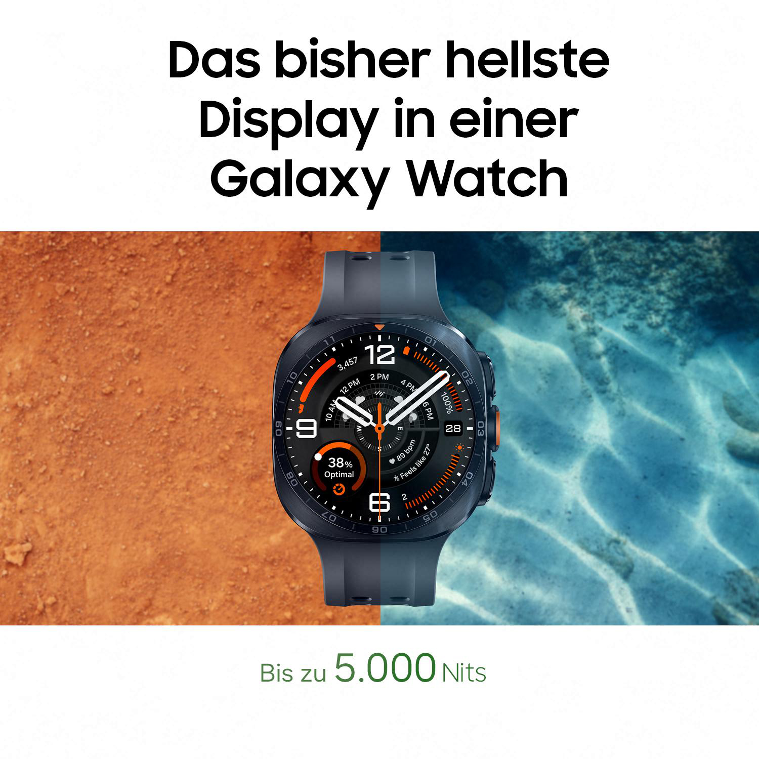 Galaxy Watch mit hellem Display vor Sand und Wasser. Bis zu 5.000 Nits.