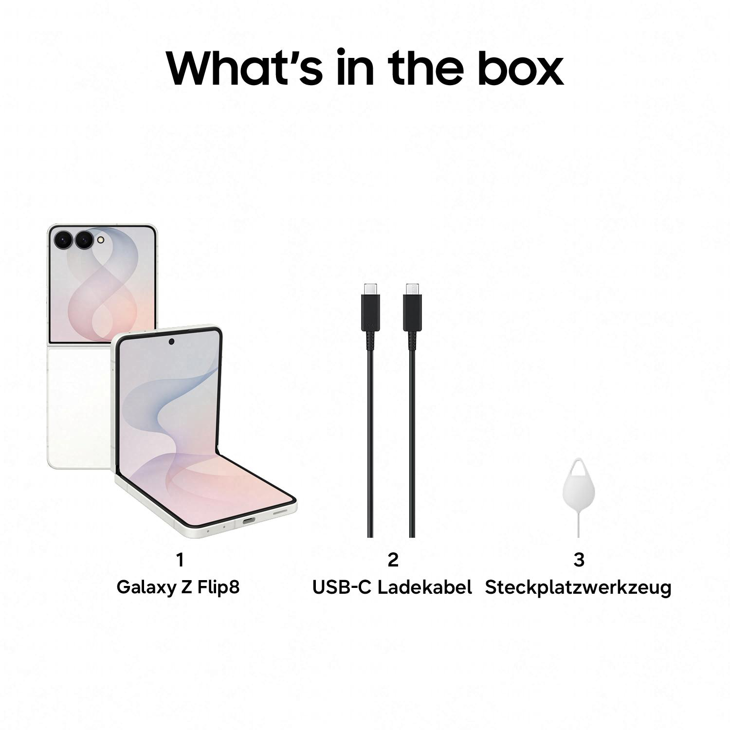 Ein Galaxy Z Flip8, zwei USB-C-Kabel und ein Steckplatzwerkzeug.