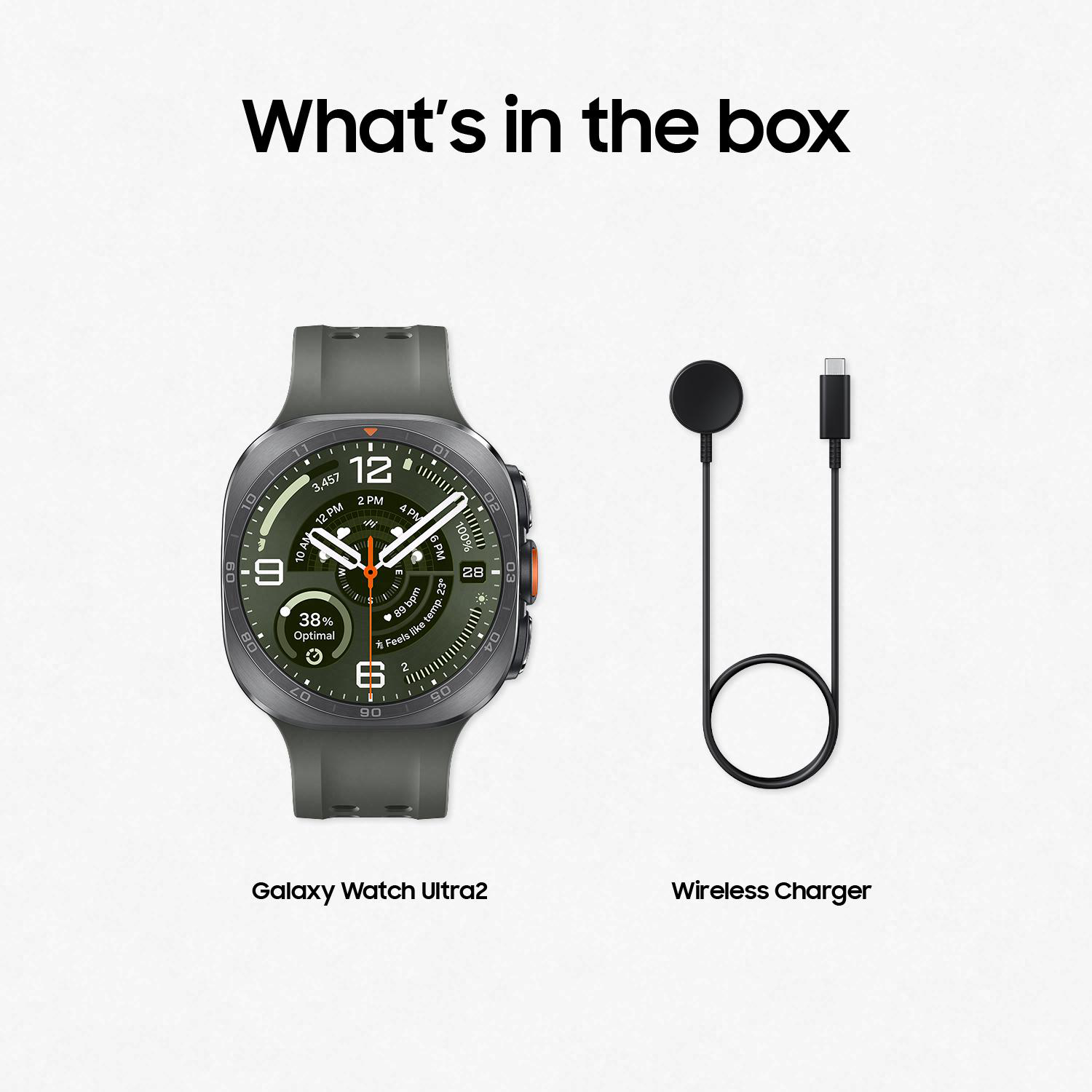 Graue Galaxy Watch Ultra2 und ein schwarzes Ladekabel mit rundem Ende.