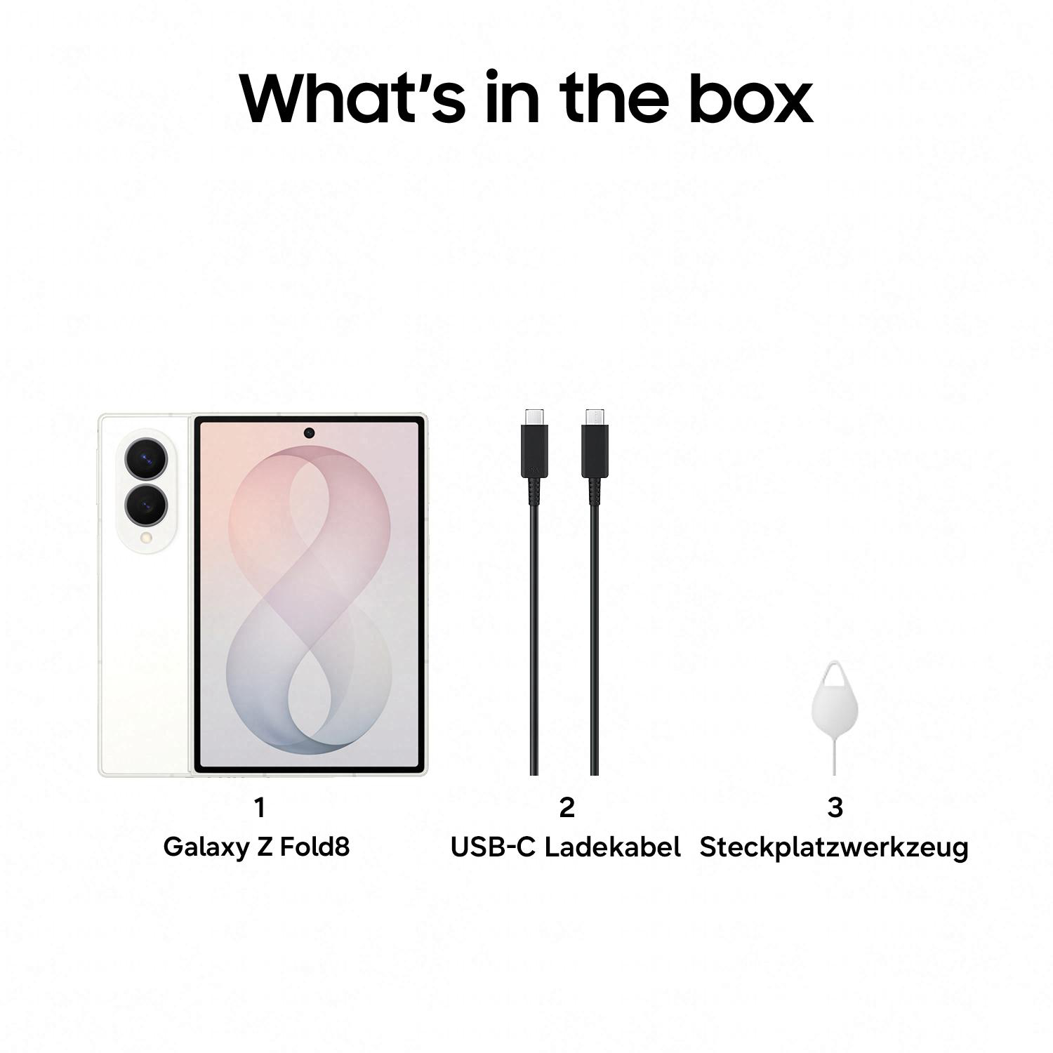 Lieferumfang: Galaxy Z Fold8, USB-C Kabel, SIM-Werkzeug.