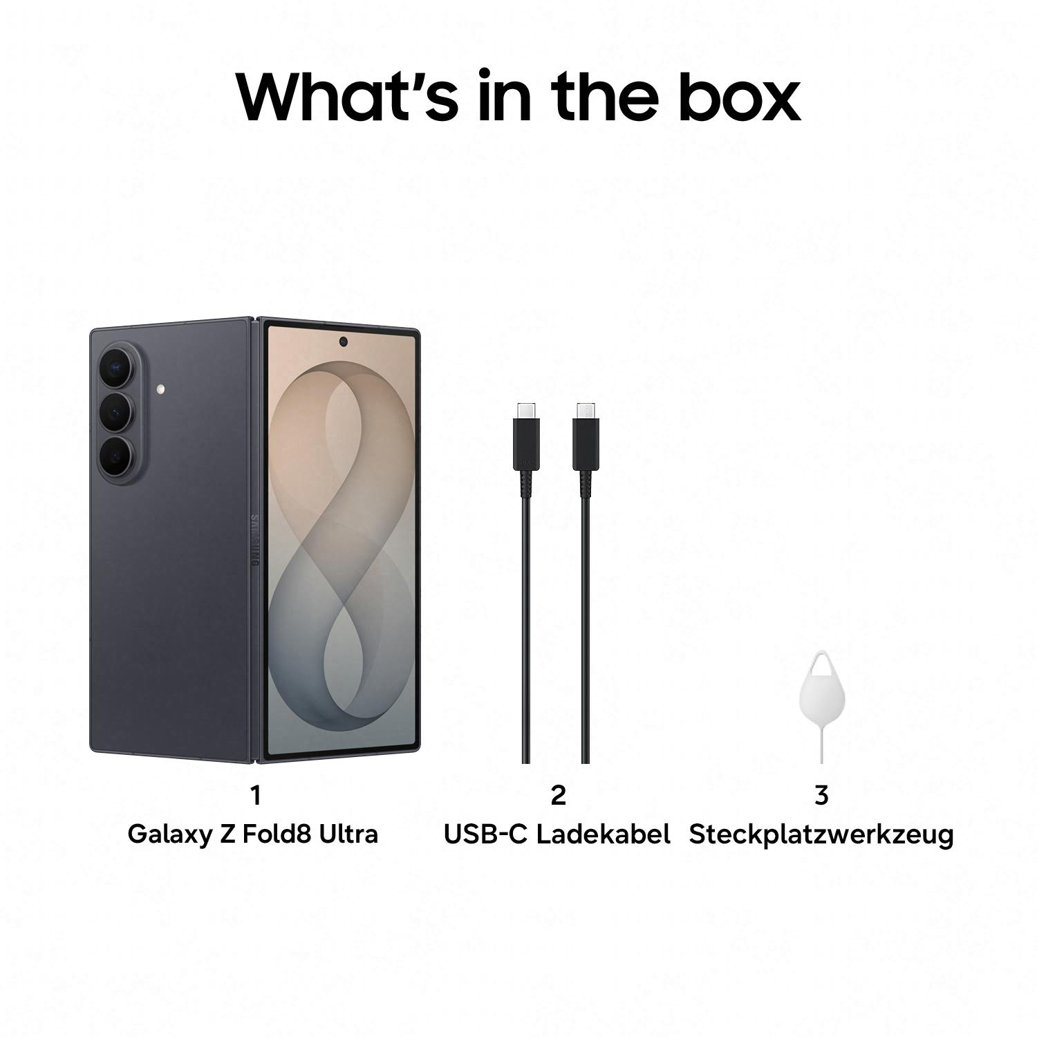 Ein dunkles Samsung Galaxy Z Fold8 Ultra, zwei USB-C-Kabel und ein SIM-Werkzeug.