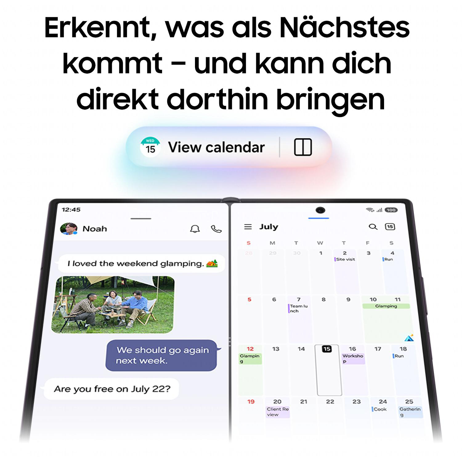 Smartphone zeigt Chat und Kalender, mit Texten über Glamping und Terminen.