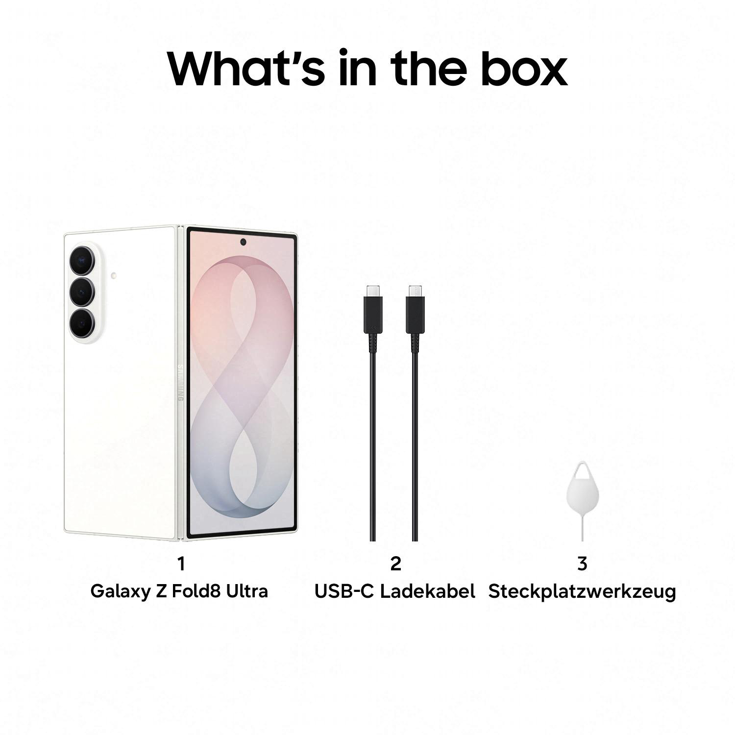 Ein Galaxy Z Fold8 Ultra, zwei USB-C Ladekabel und ein Steckplatzwerkzeug.