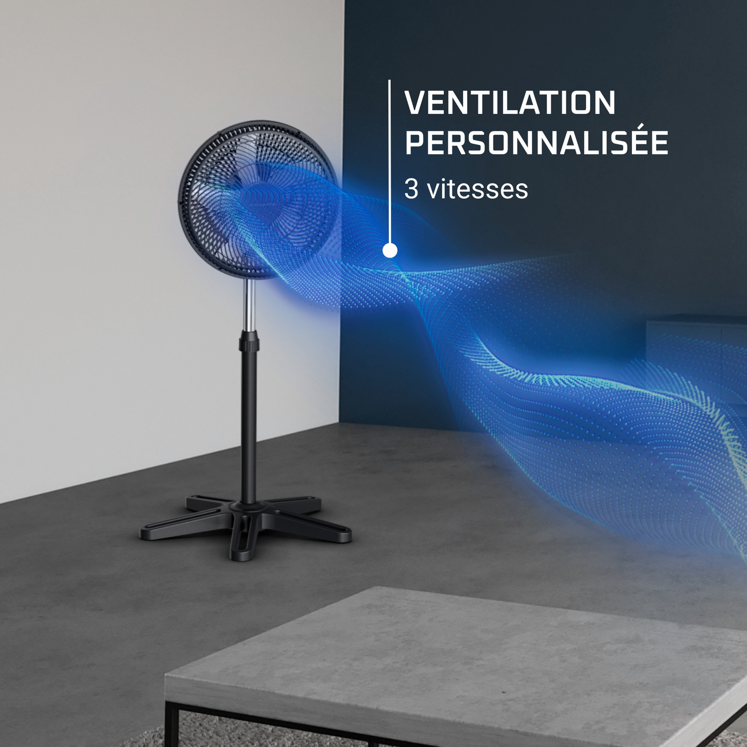 A black standing fan with blue airflow and text.