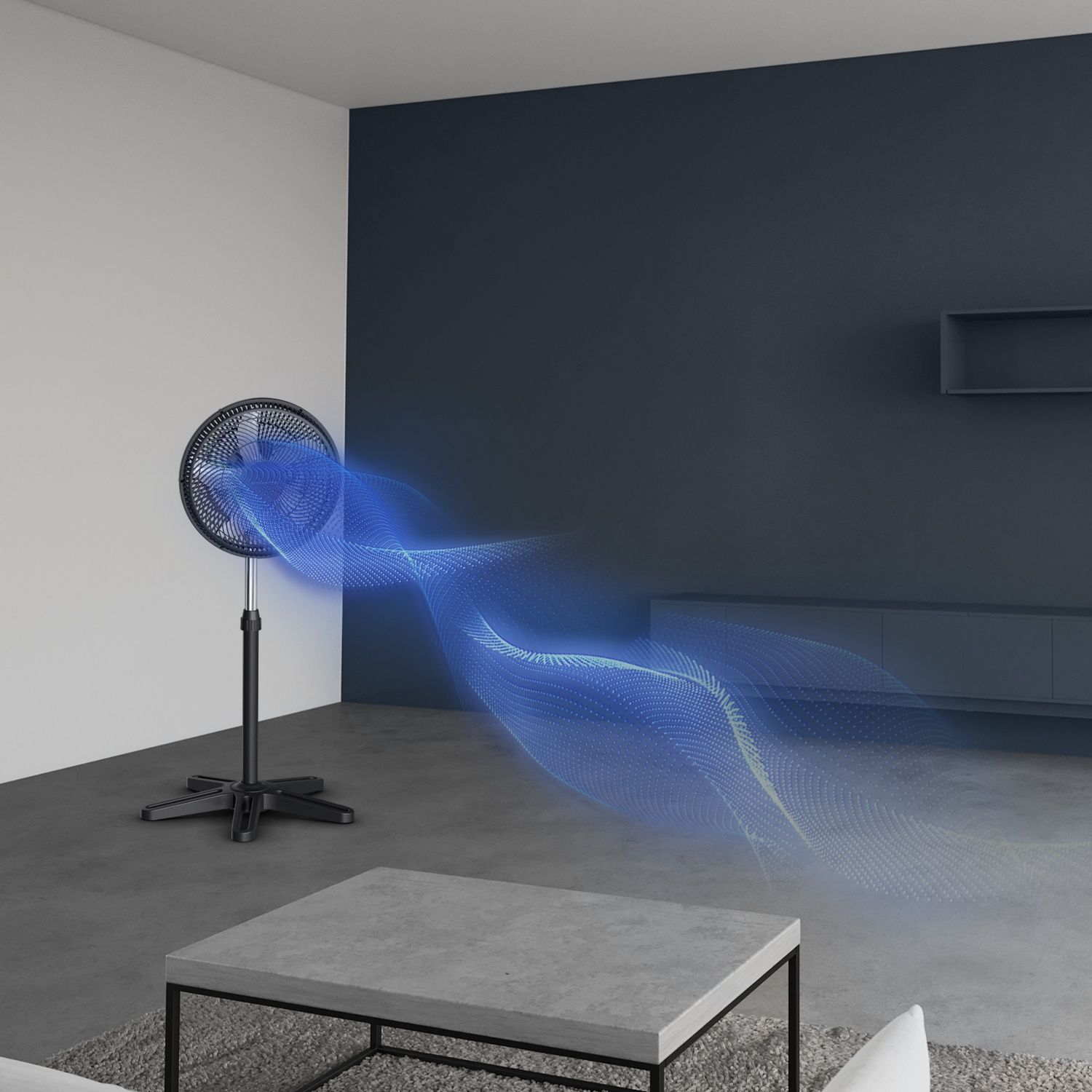 A black fan generates a blue airflow in a modern living room.