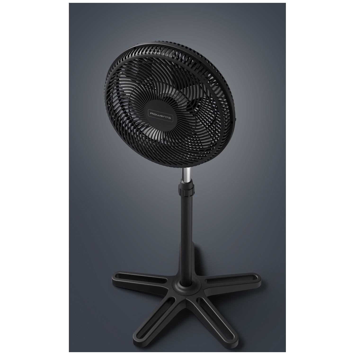 A black standing fan with a round grille and a star-shaped base.