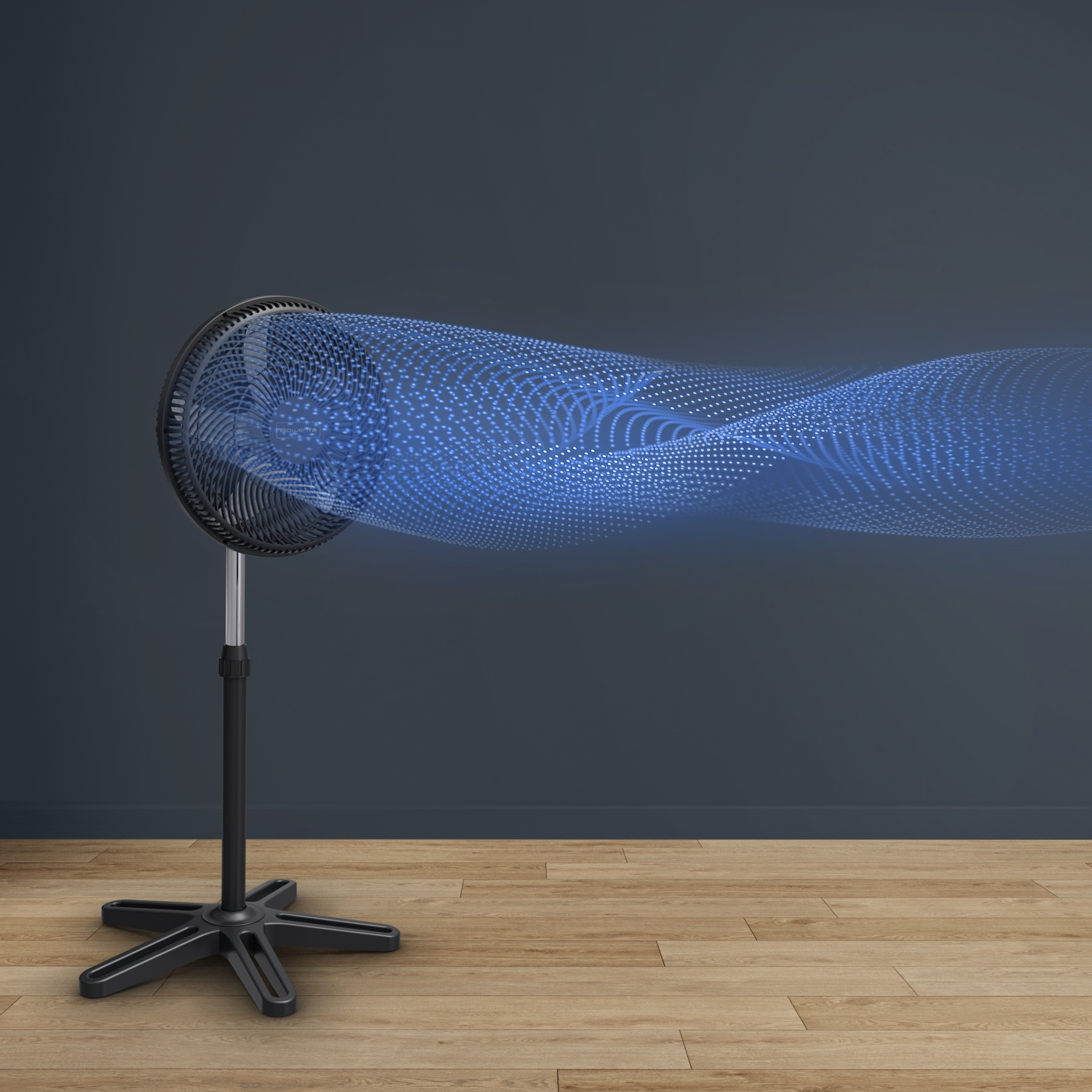 A black standing fan emitting a blue light stream, symbolizing air.