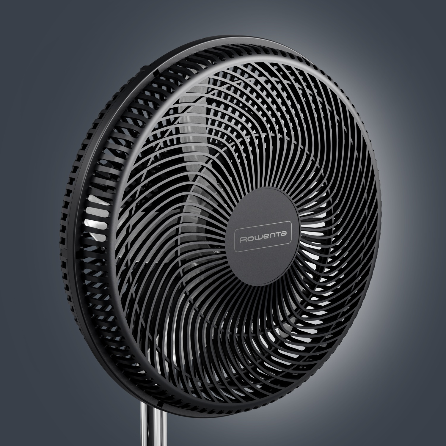 Black standing fan with Rowenta logo on a dark background.