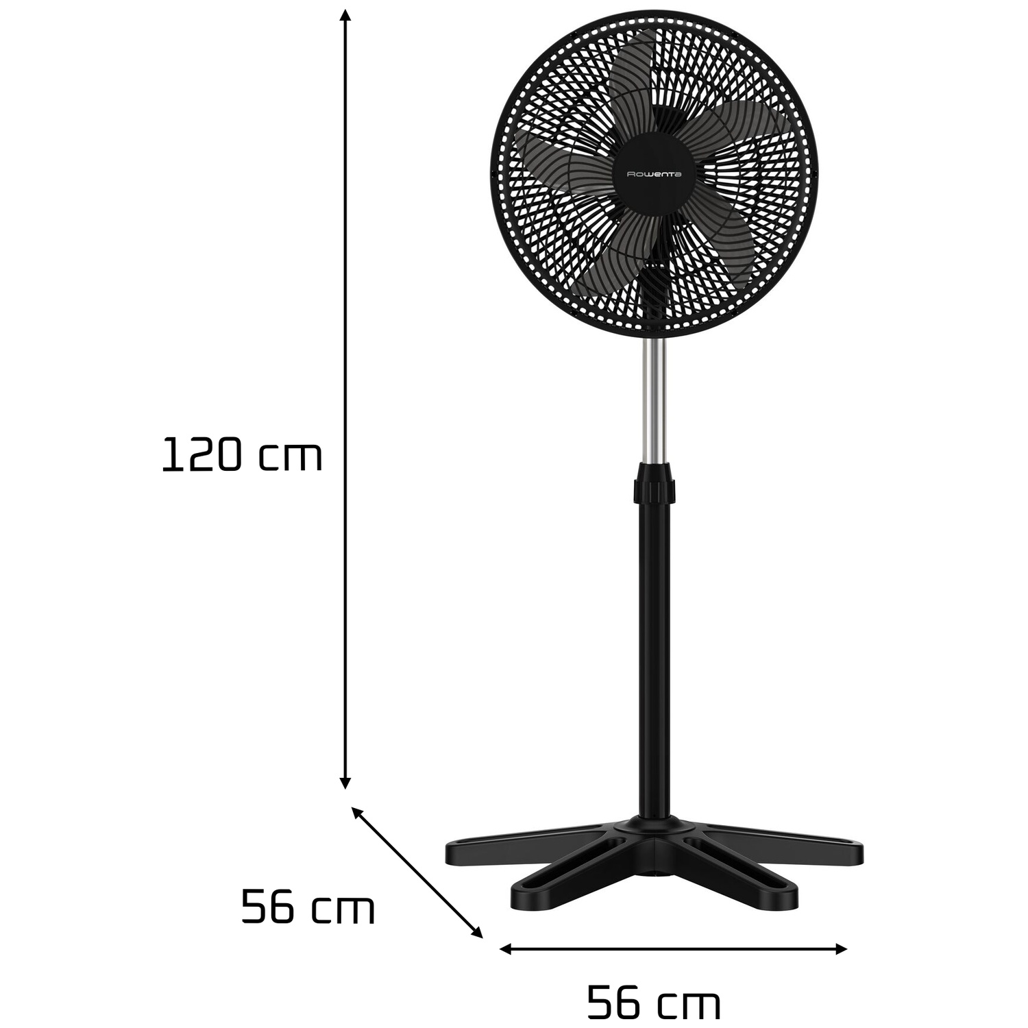 A black standing fan with a silver stem and black base. Dimensions 120x56x56 cm.