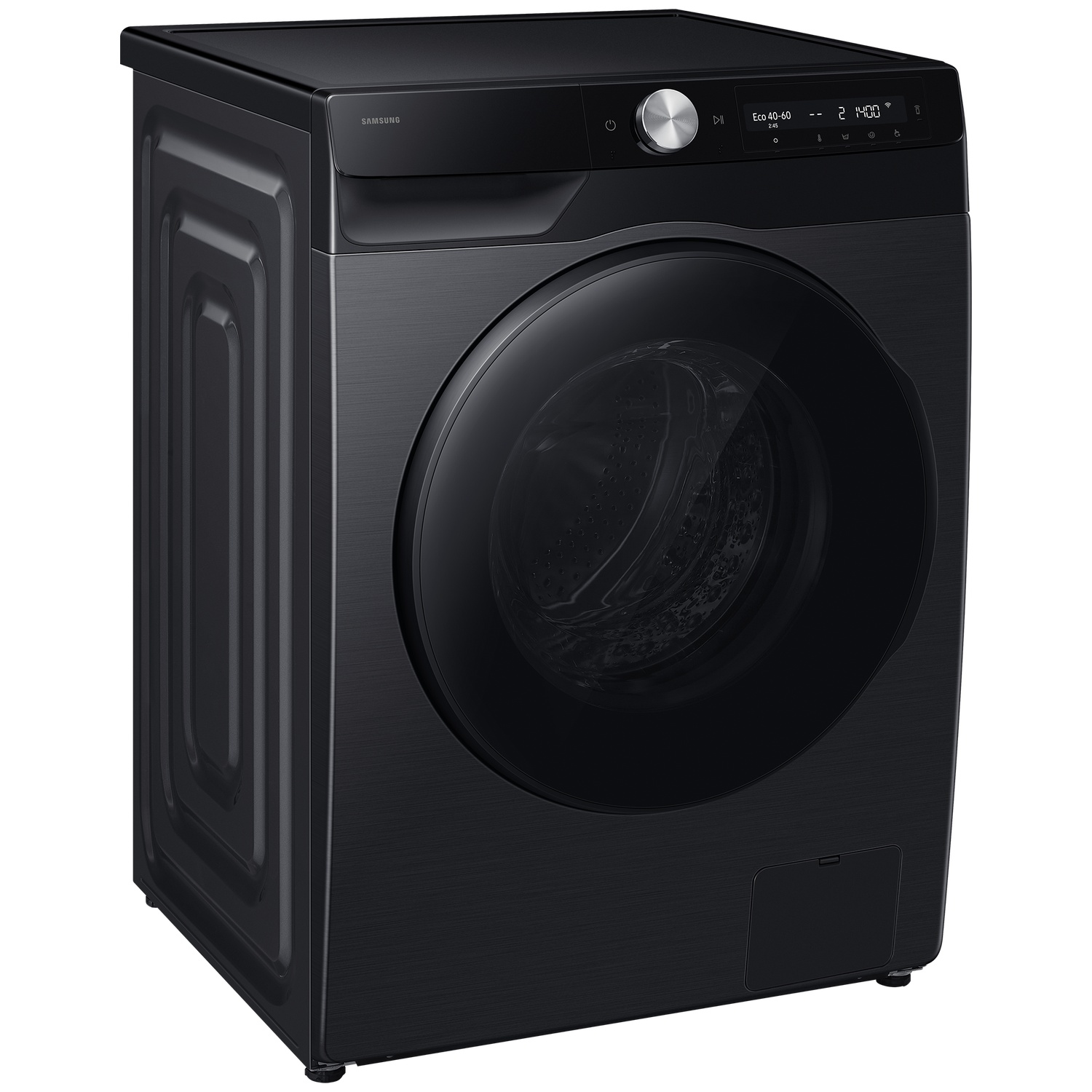 Black Samsung washing machine with a digital display and a glass door.