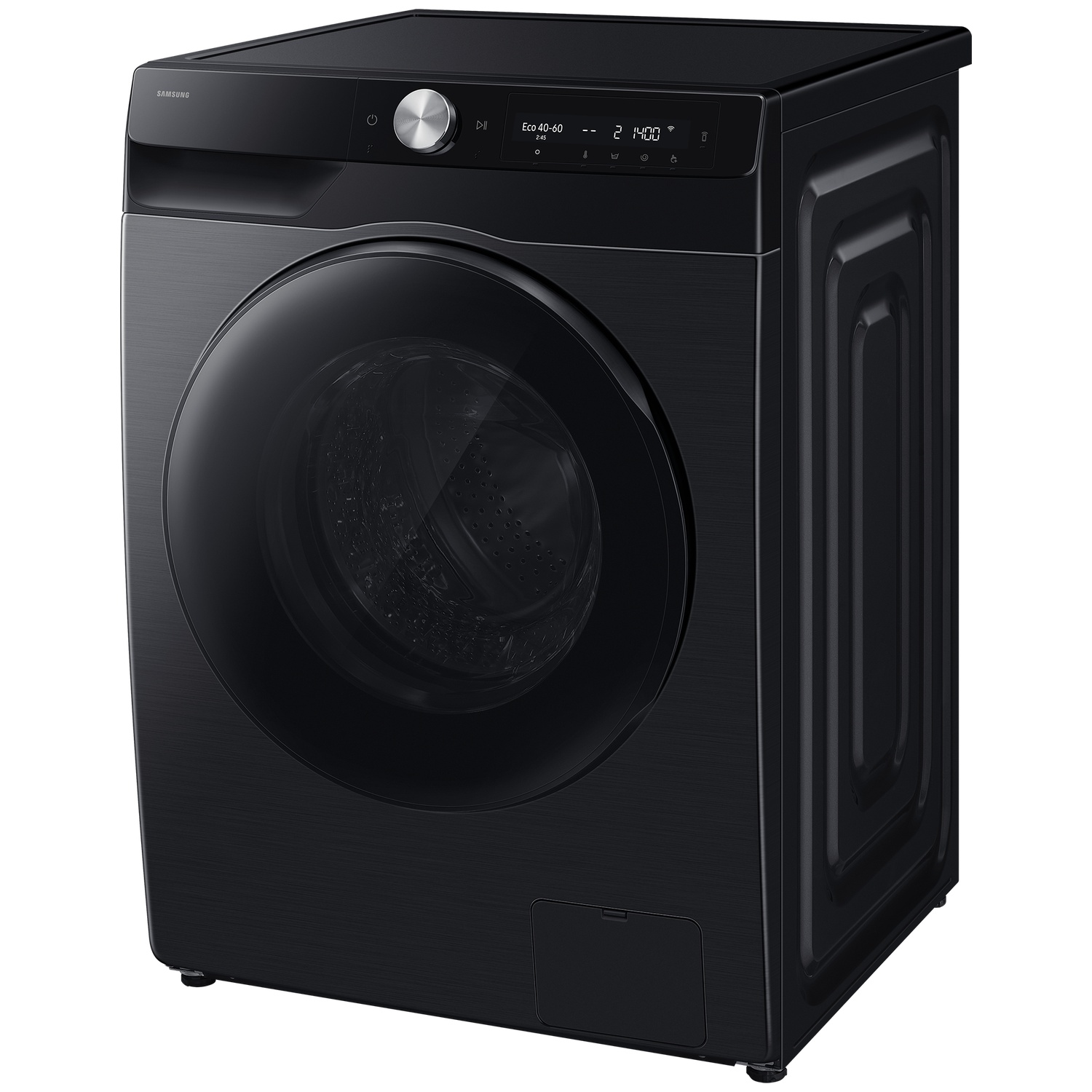 Black Samsung washing machine with a round door and control panel.