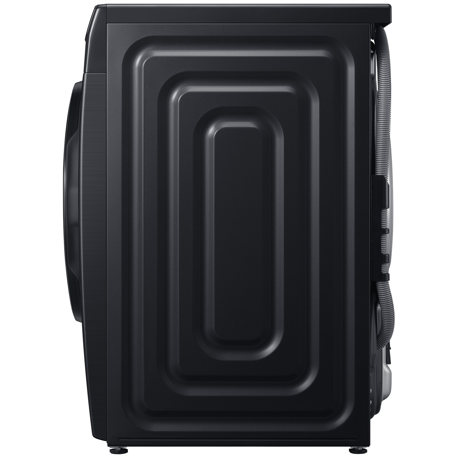 Black washing machine shown from the side, featuring a ribbed back and hose.