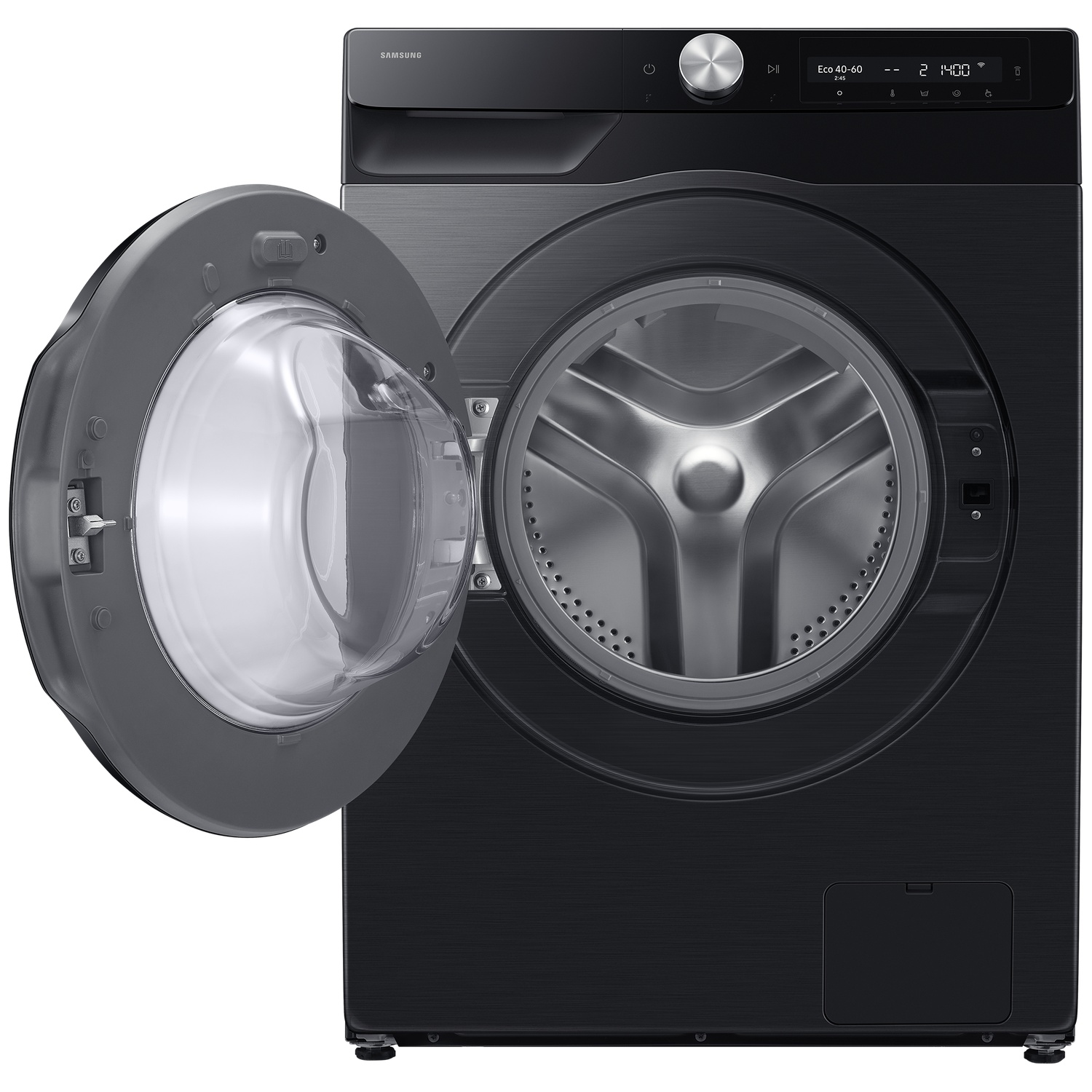 Black washing machine with its door open, revealing a silver drum.
