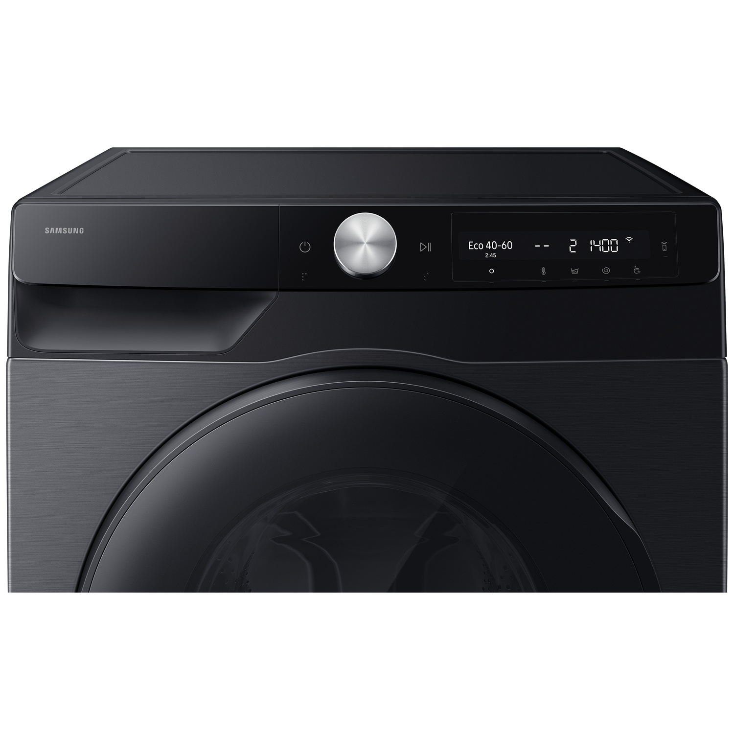 Black Samsung washing machine with silver dial and digital display.
