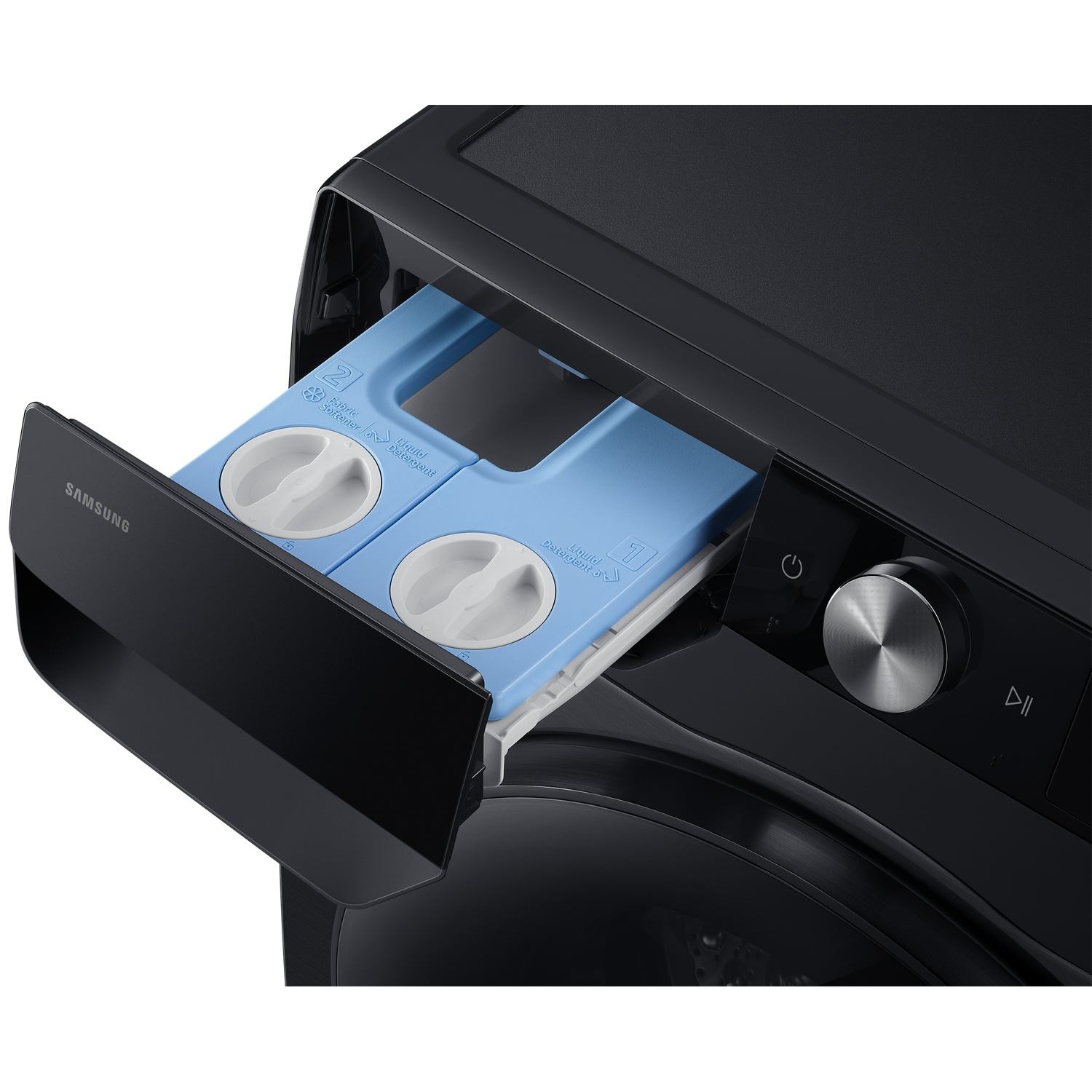 Black washing machine with detergent and softener dispenser drawer open.