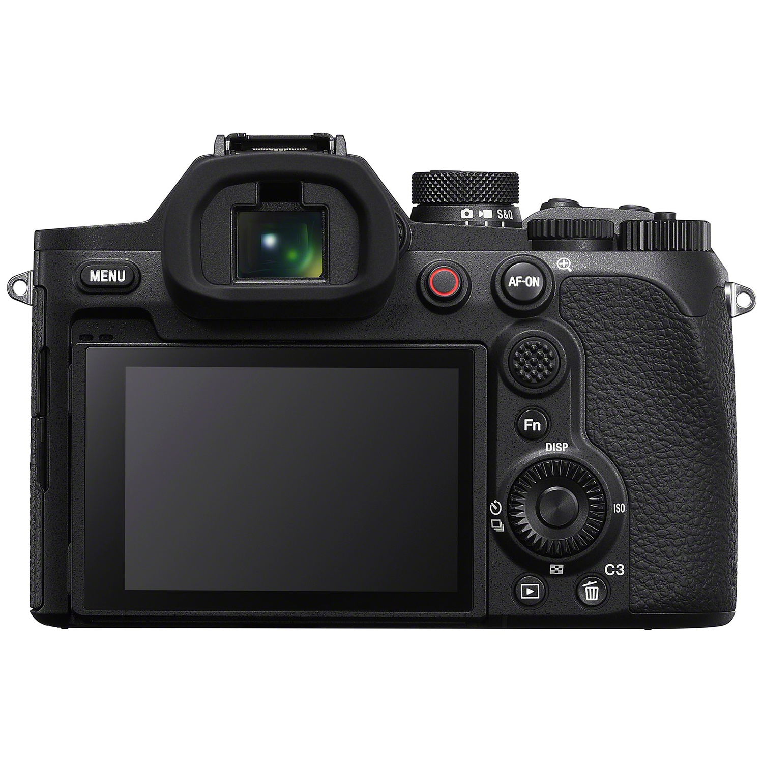 Vue arrière d'un appareil photo numérique Sony noir avec grand écran LCD et viseur.
