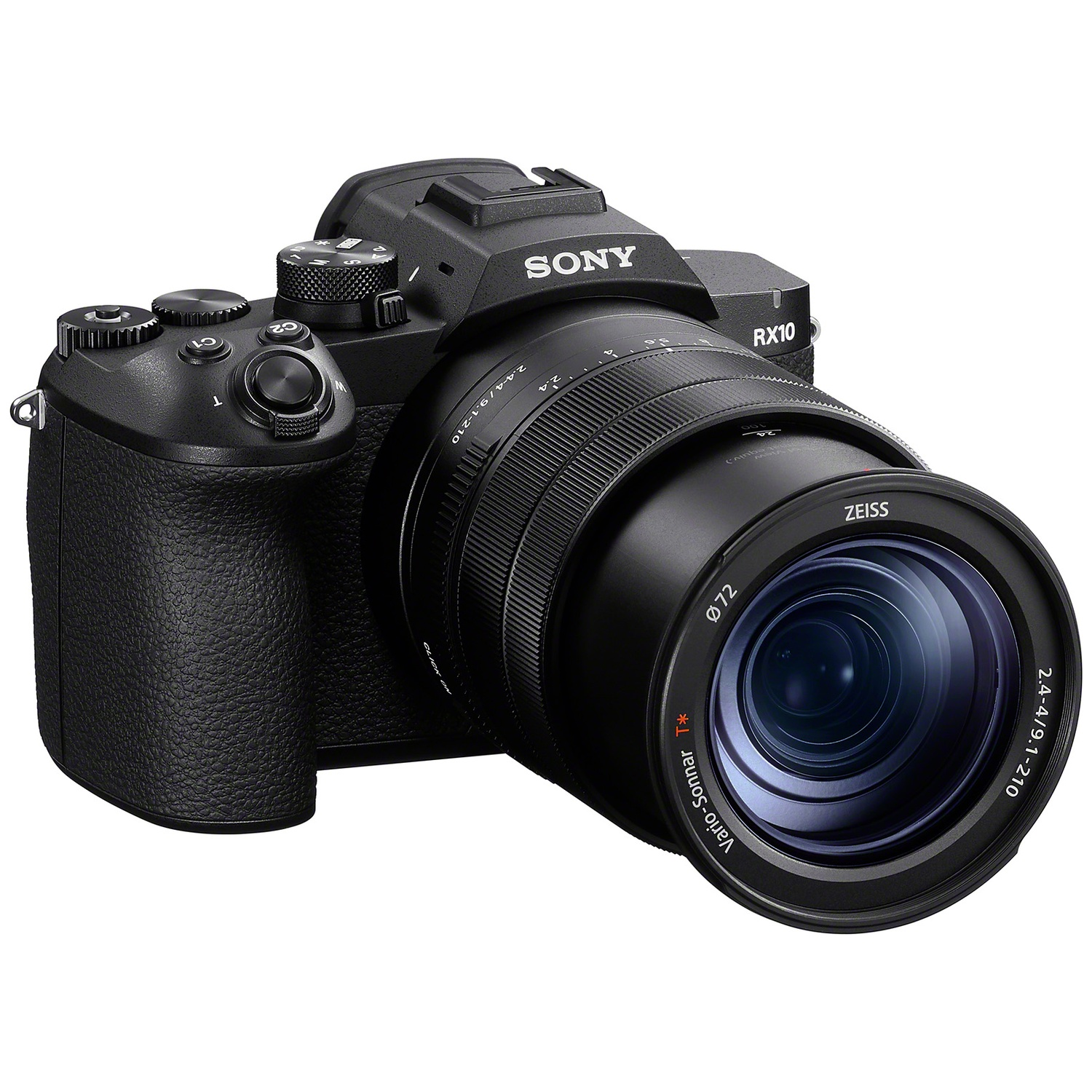 Appareil photo Sony RX10 noir avec grand objectif, optique Zeiss et marques de zoom.