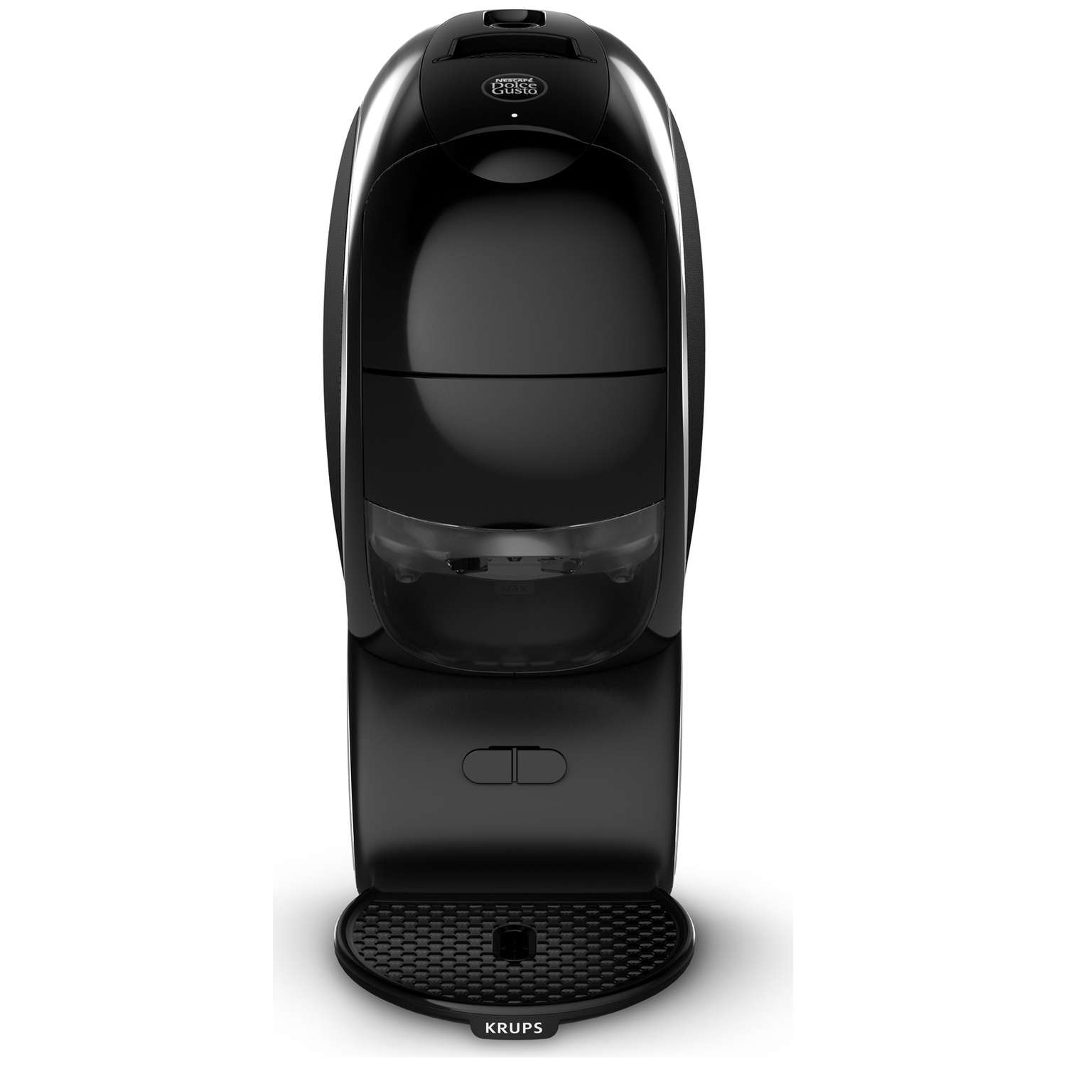A black Dolce Gusto coffee machine with the Krups logo.