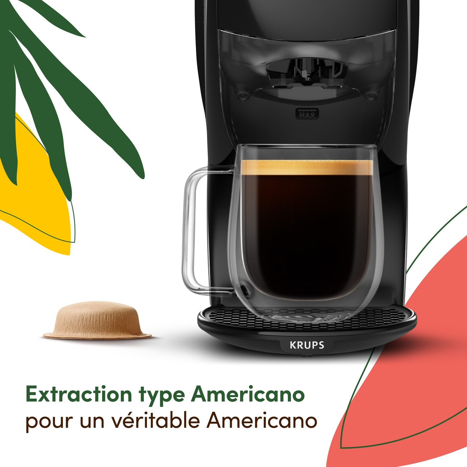 Krups coffee machine brewing an Americano into a glass.