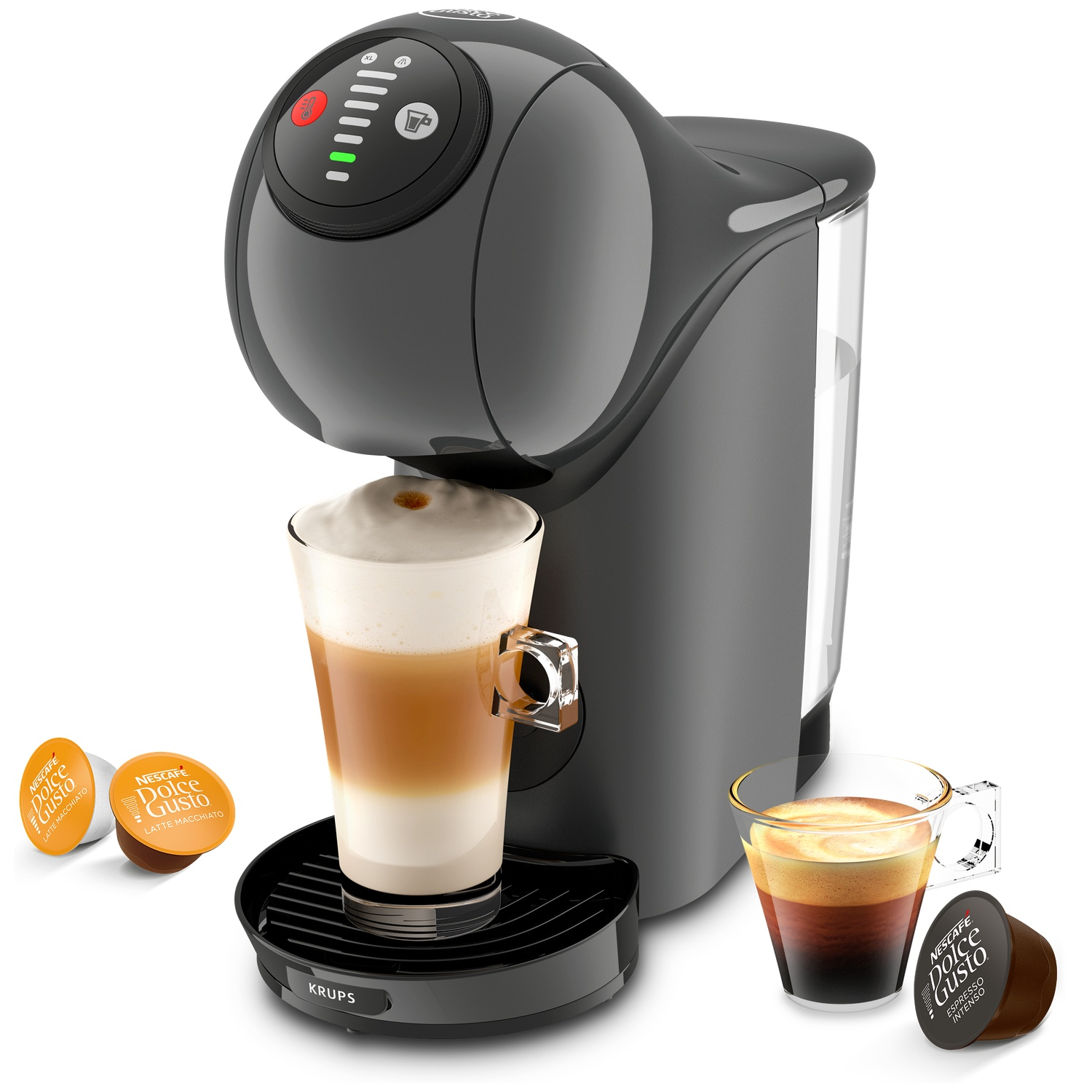 A gray coffee machine with a latte macchiato and an espresso.