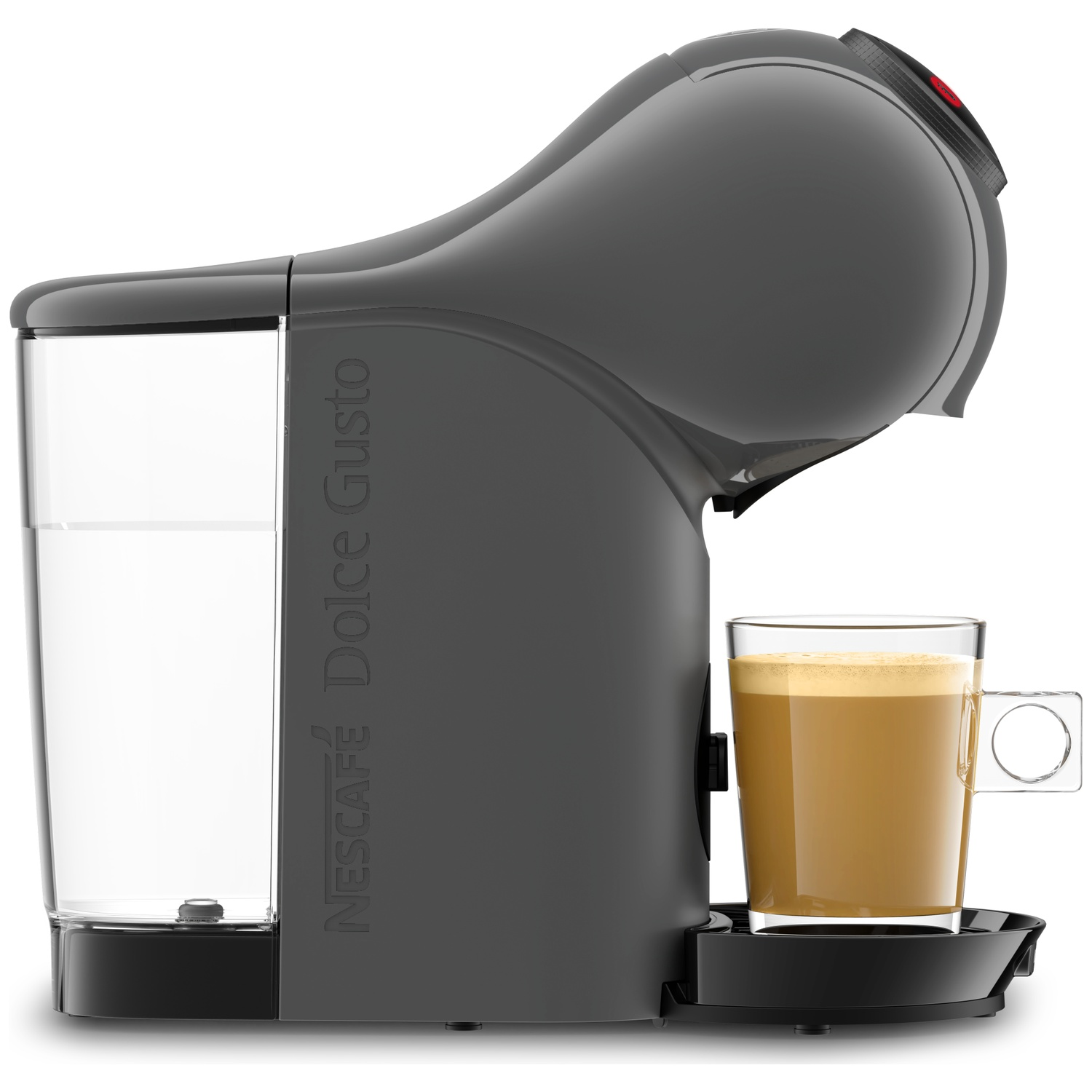 A gray Nespresso coffee machine with a glass cup of latte next to it.