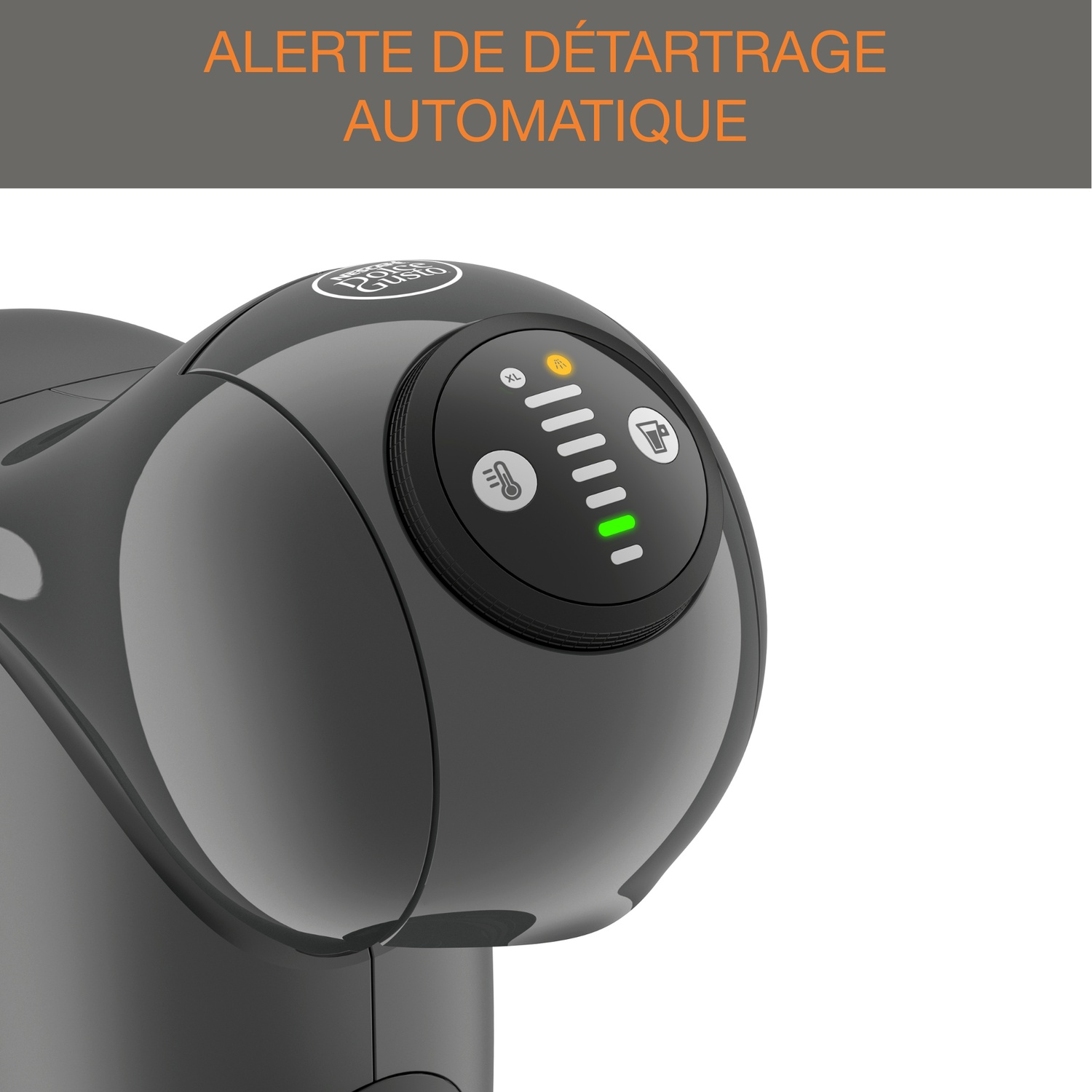 Gray coffee machine with a "descale" alert and "XL" option indicator.