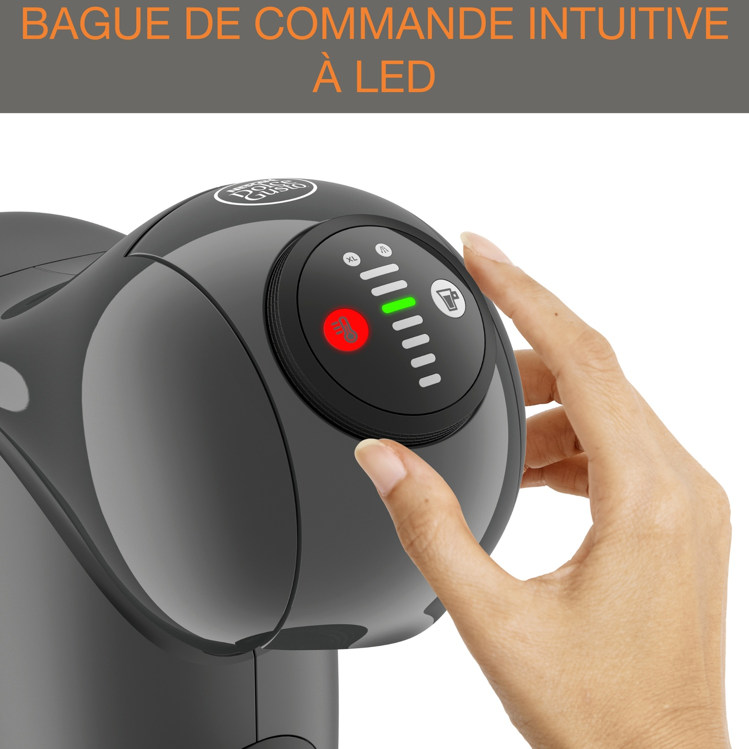 A hand operates a coffee machine with LED display and buttons.