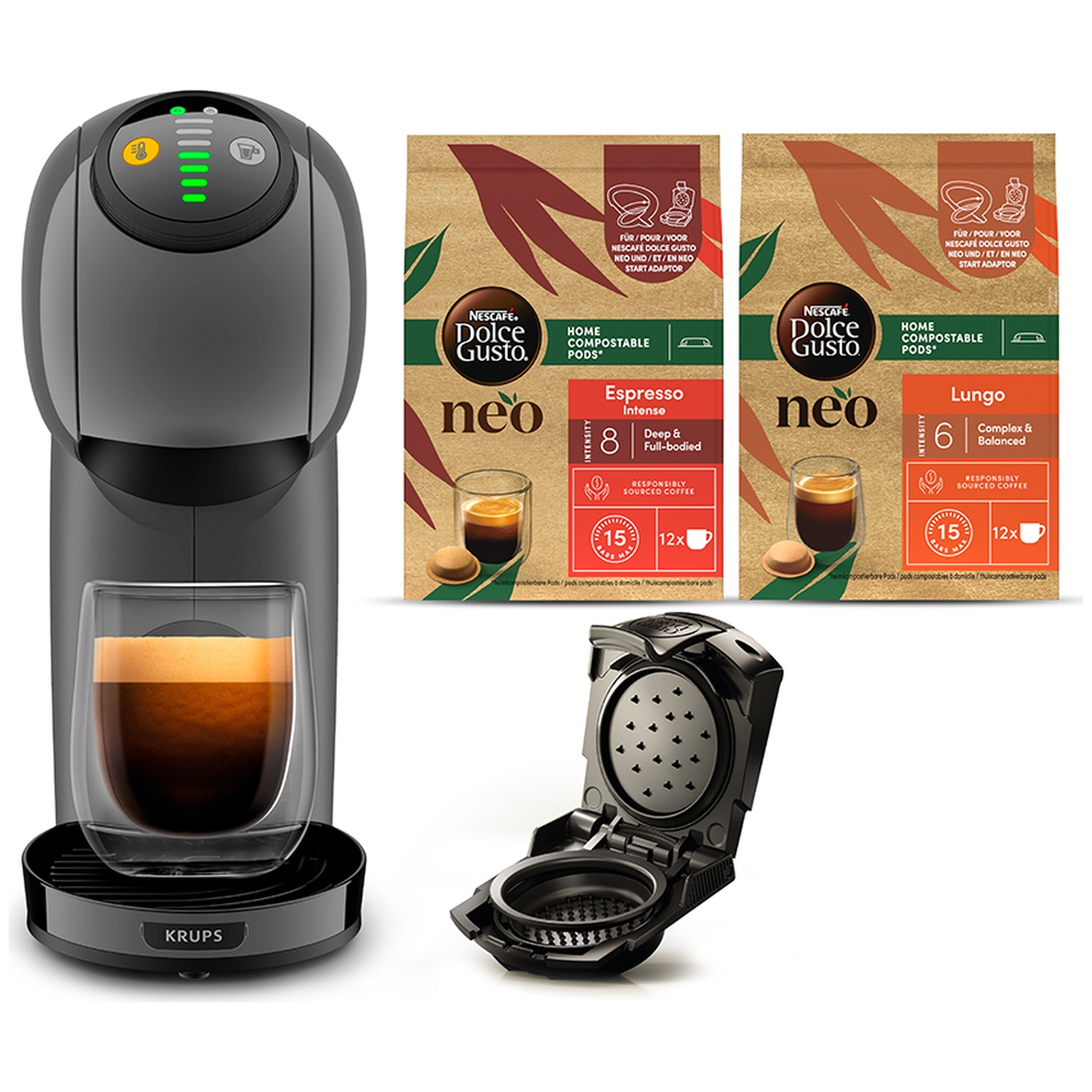 Coffee machine with two coffee pod packs and a capsule holder.