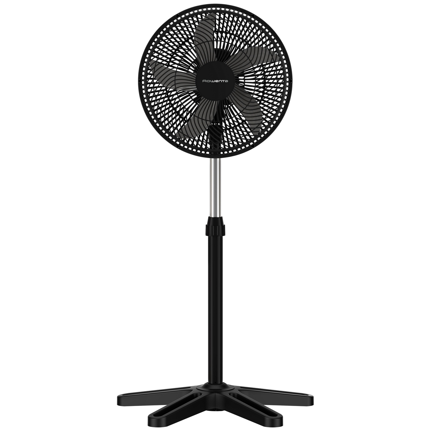 A black standing fan with a silver stem and a black base.