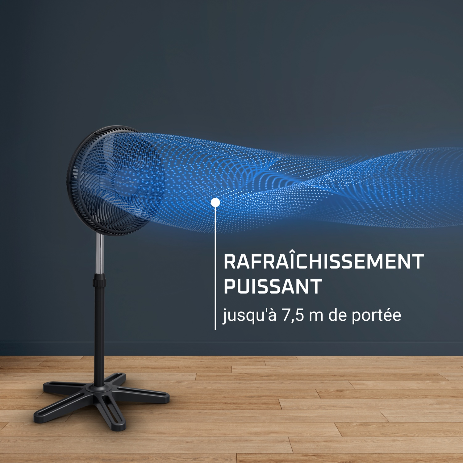 A black standing fan generates a blue airflow with a particle effect.