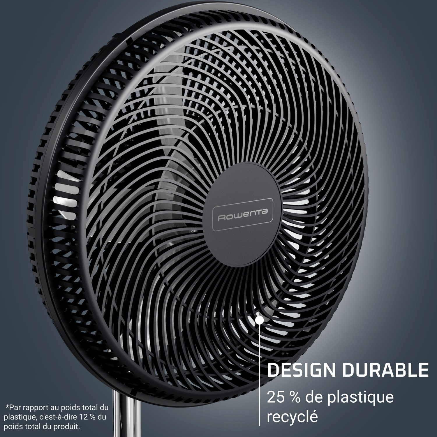 A black fan with the Rowenta logo and text about recycled plastic.