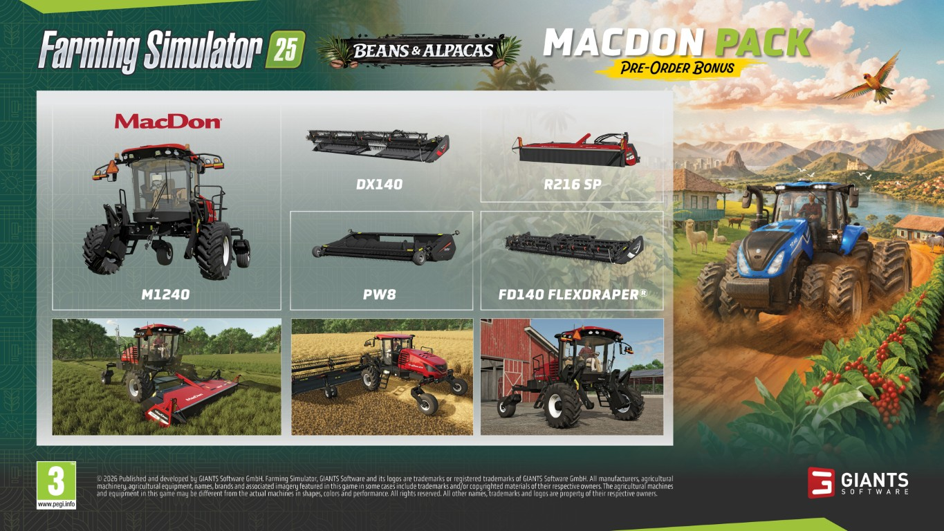 Farming Simulator 25 MacDon Pack prezentuje maszyny rolnicze M1240, DX140, R216 SP.