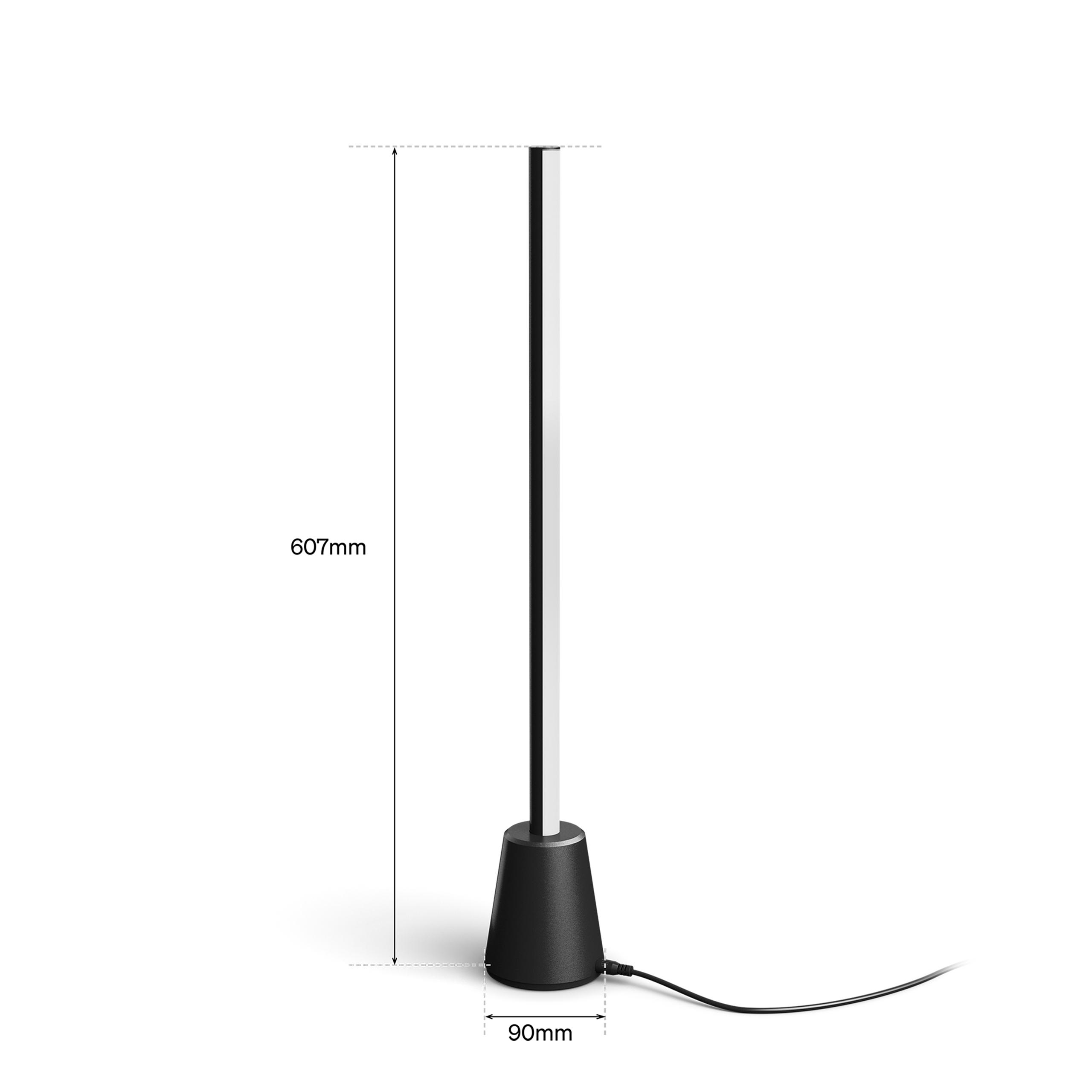 Schwarzer Sockel mit schlankem, weißem Lichtstab. Maße: 607mm H, 90mm B.