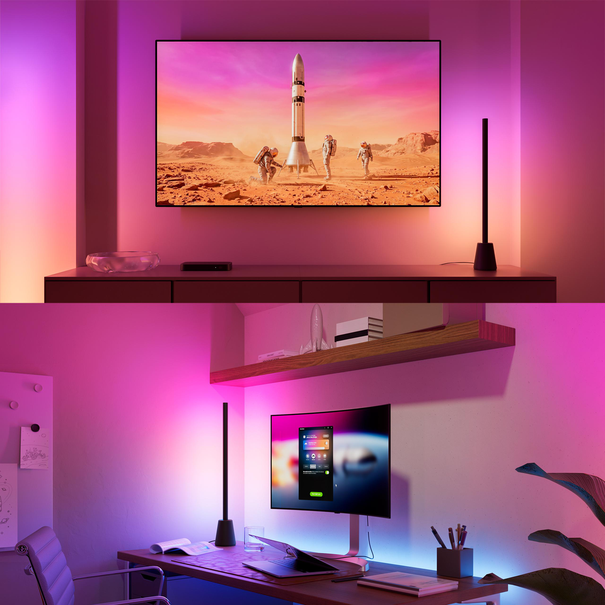 Ein Schreibtisch mit Monitor und ein Fernseher mit Weltraum-Szene, beleuchtet von lila Lichtern.