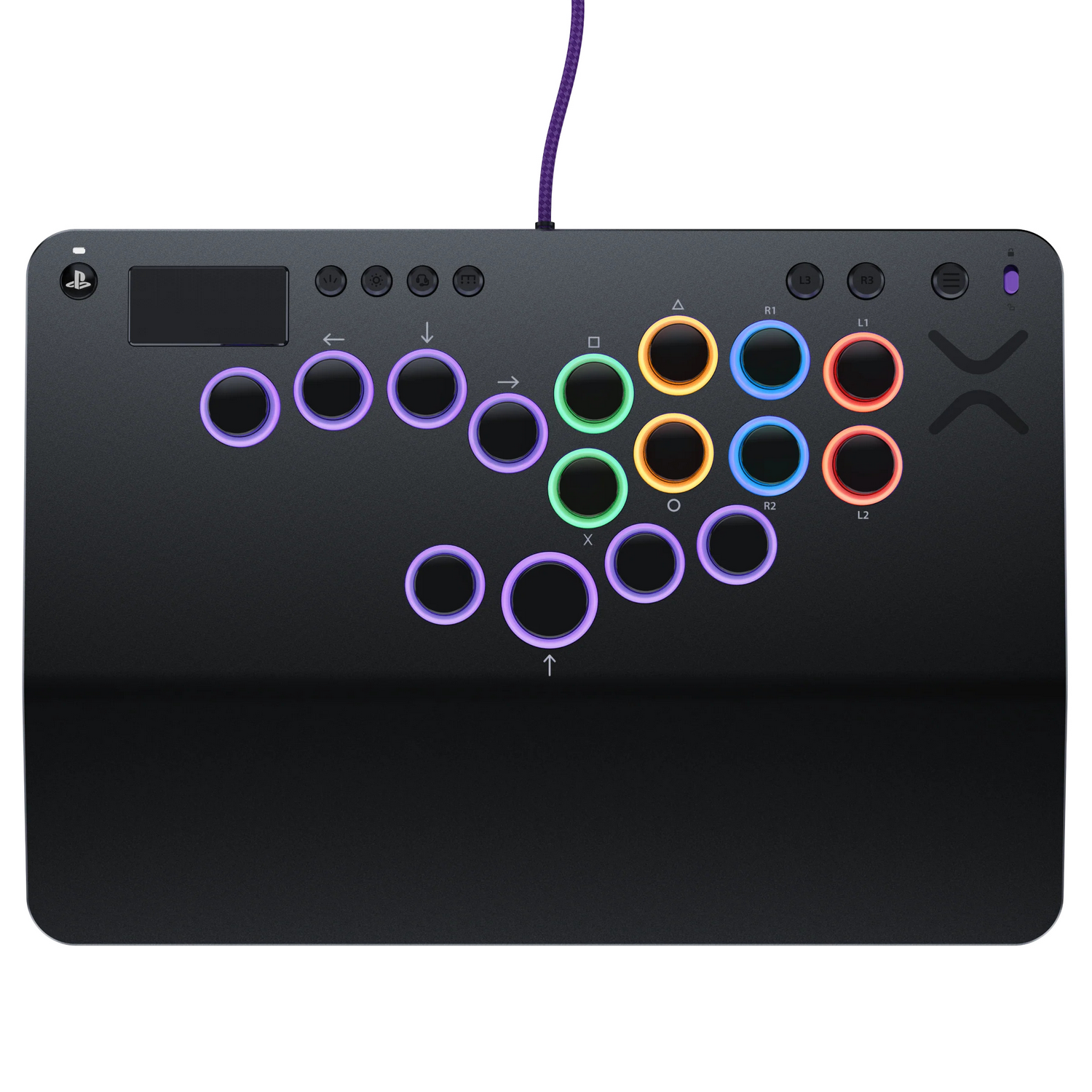 Controlador de juegos negro con botones coloridos iluminados y símbolos de PlayStation.