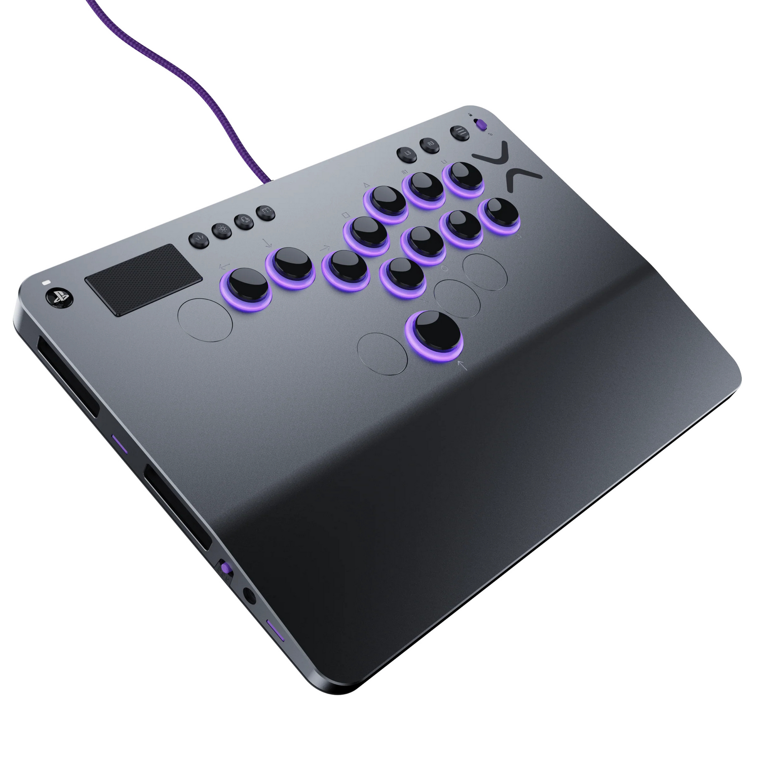 Controlador de juegos gris con muchos botones e iluminación púrpura.