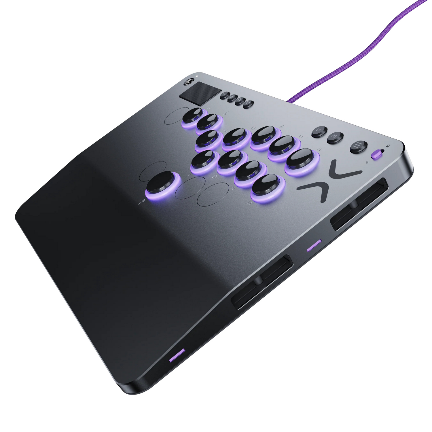 Controlador de juegos gris con botones negros e iluminación púrpura.