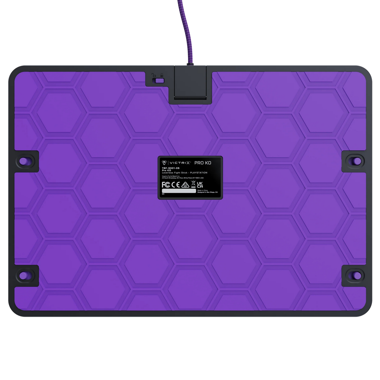 Pad de juego morado con patrón hexagonal, marco negro y etiqueta.