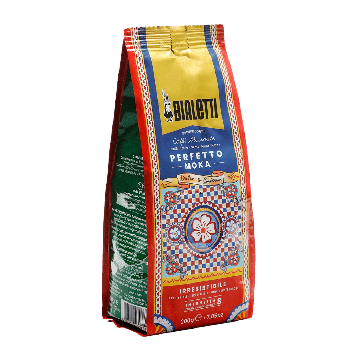 Bolsa de café Bialetti Perfetto Moka con diseño italiano y el número 8.