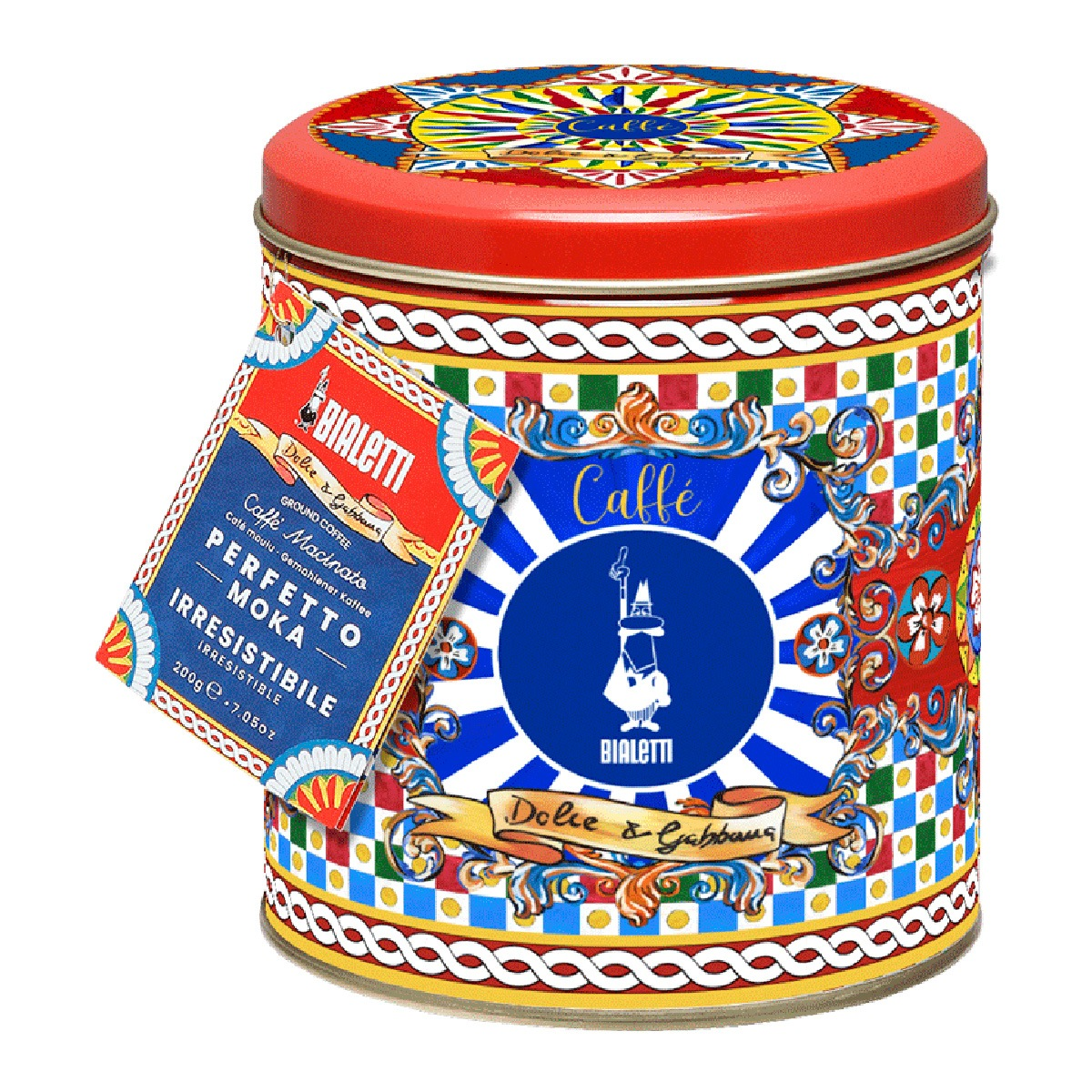 Lata de café Bialetti Moka con diseño Dolce & Gabbana, roja, azul, dorada.