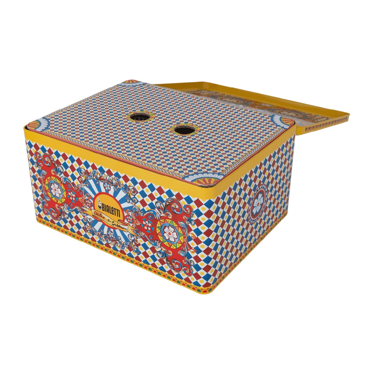 Una caja colorida con tapa a cuadros y elaborados diseños florales en los laterales.