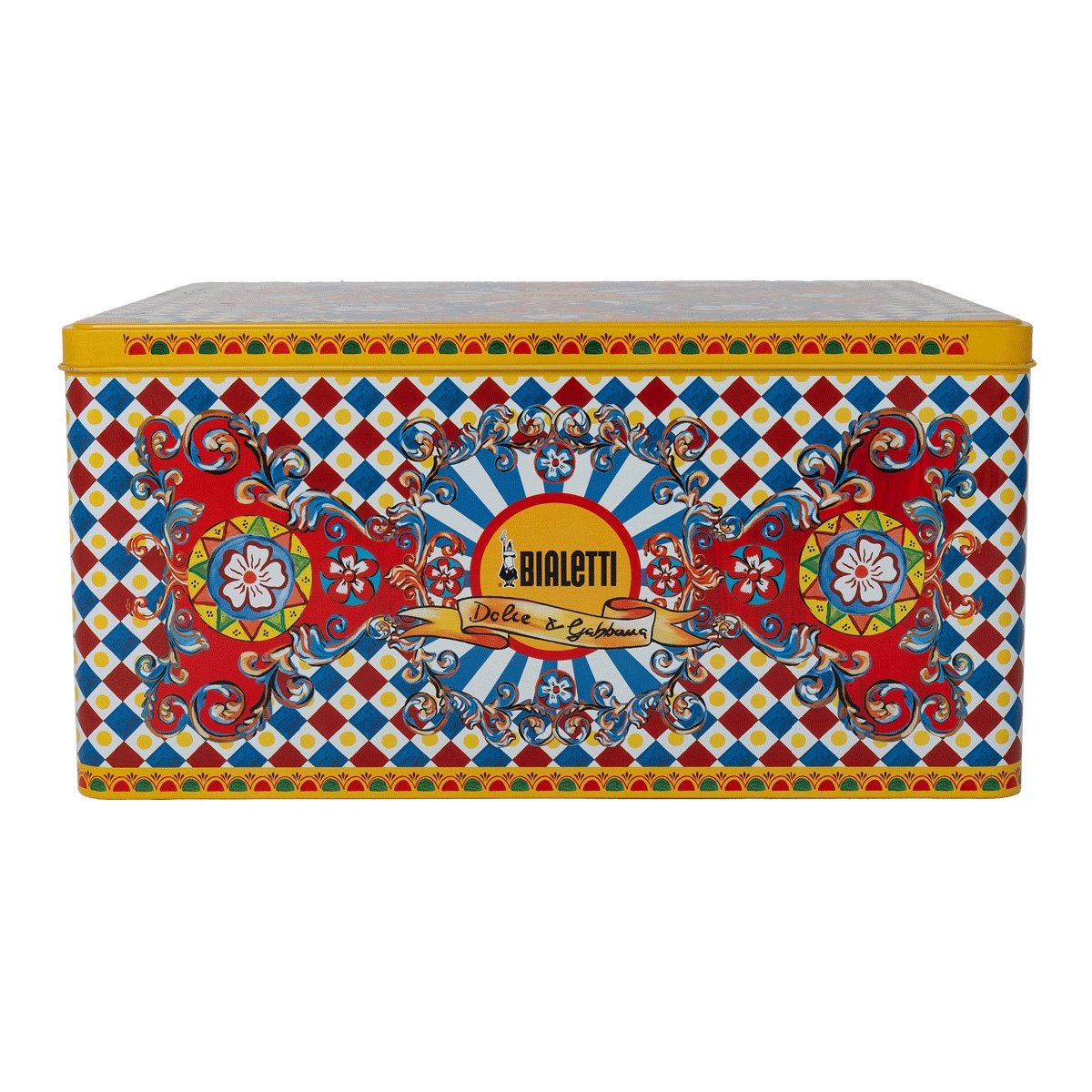 Una caja de hojalata rectangular con logos de Bialetti y Dolce & Gabbana.