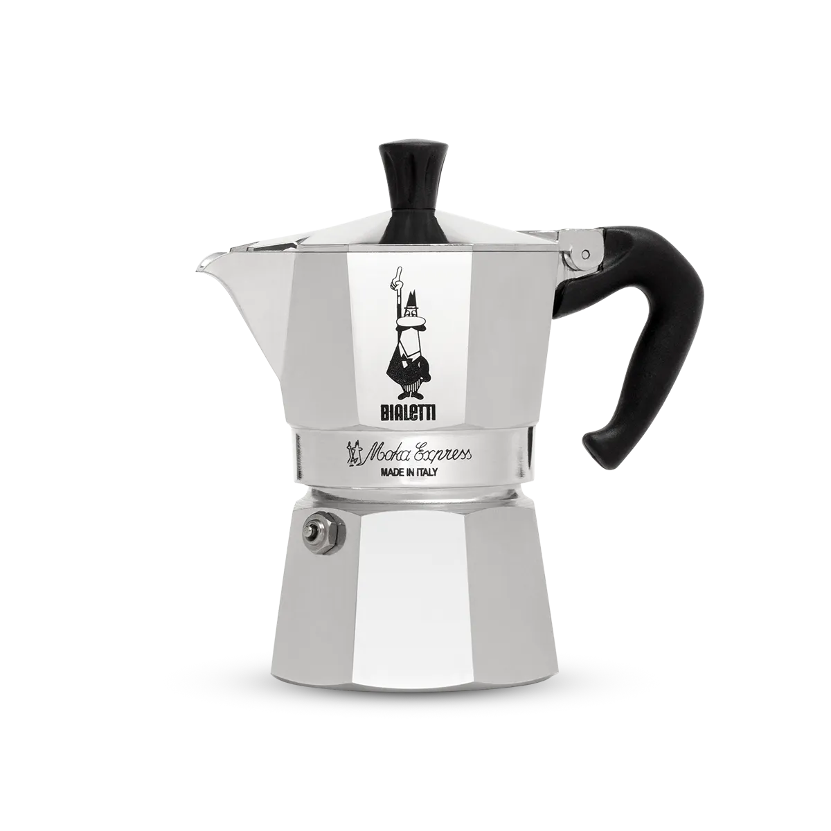 Una cafetera Bialetti plateada con asa negra, sobre fondo blanco.